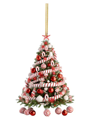 Decorative Christmas tree ornament with candy cane design on a white background