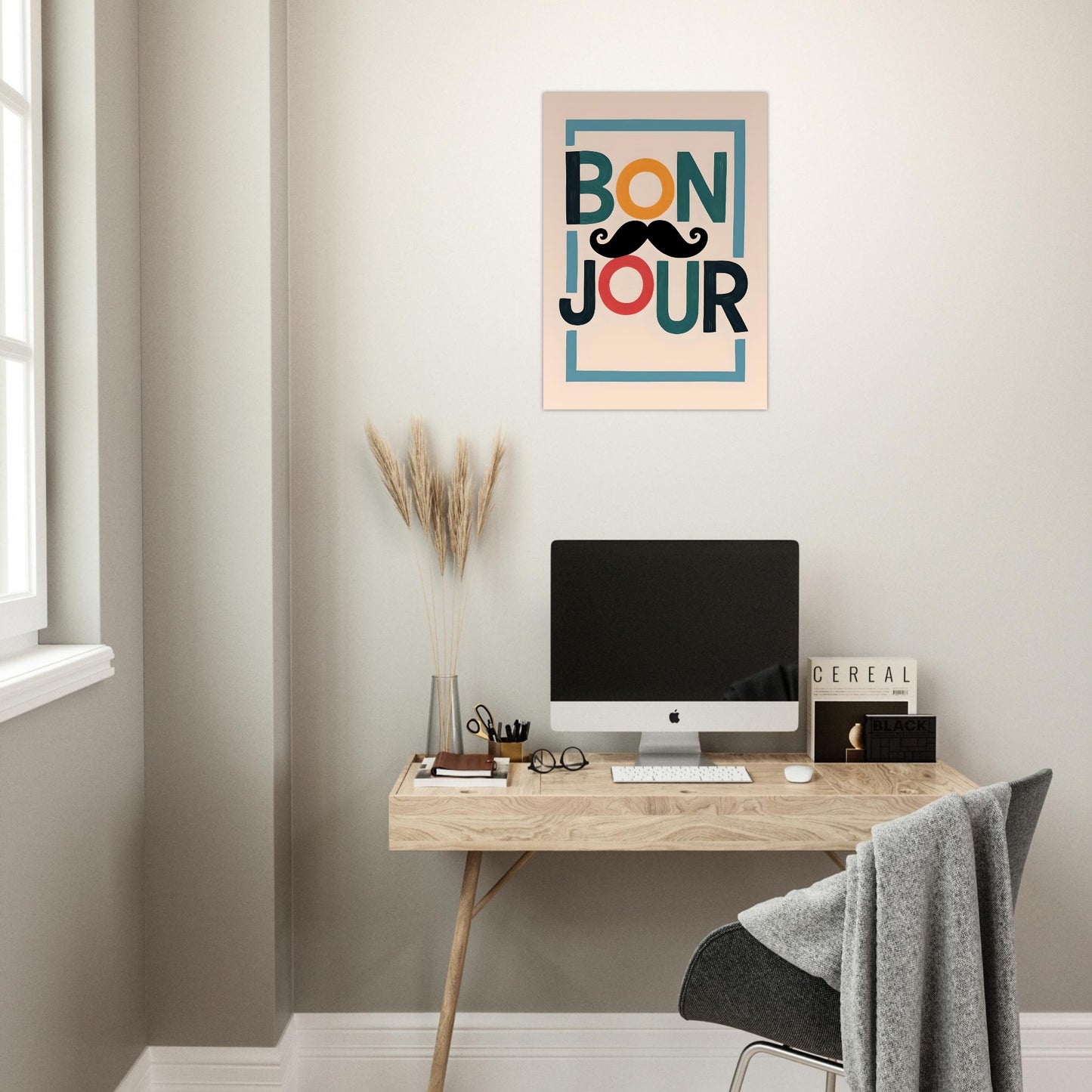 Bonjour Poster - Quirky French Greeting Wall Art with Mustache - Fun Living Room & Café Decor