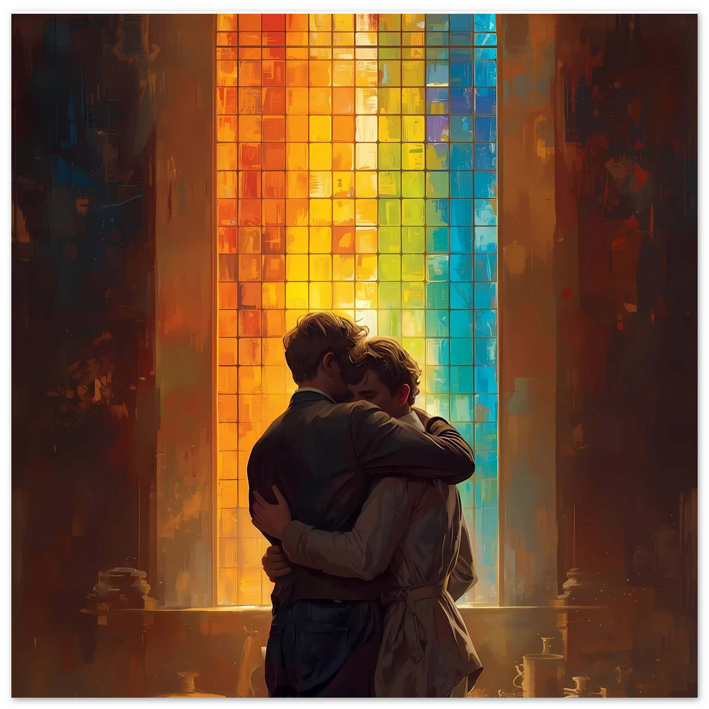 Two people embracing in front of a colorful stained glass window