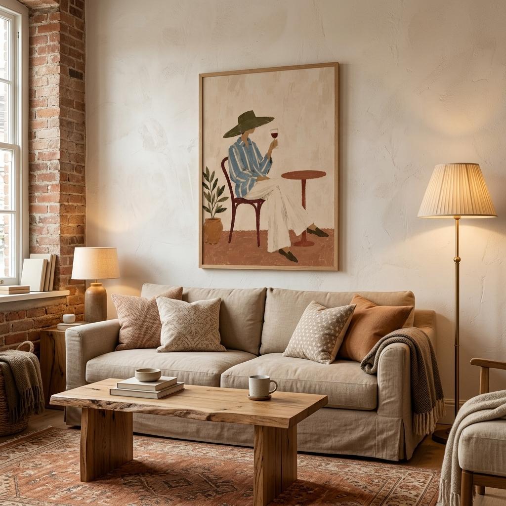 A cozy living room scene with a beige sofa, wooden coffee table, brick wall, and a framed art print hanging on the wall above the couch. The artwork depicts a seated figure in a blue striped shirt and green hat holding a glass.