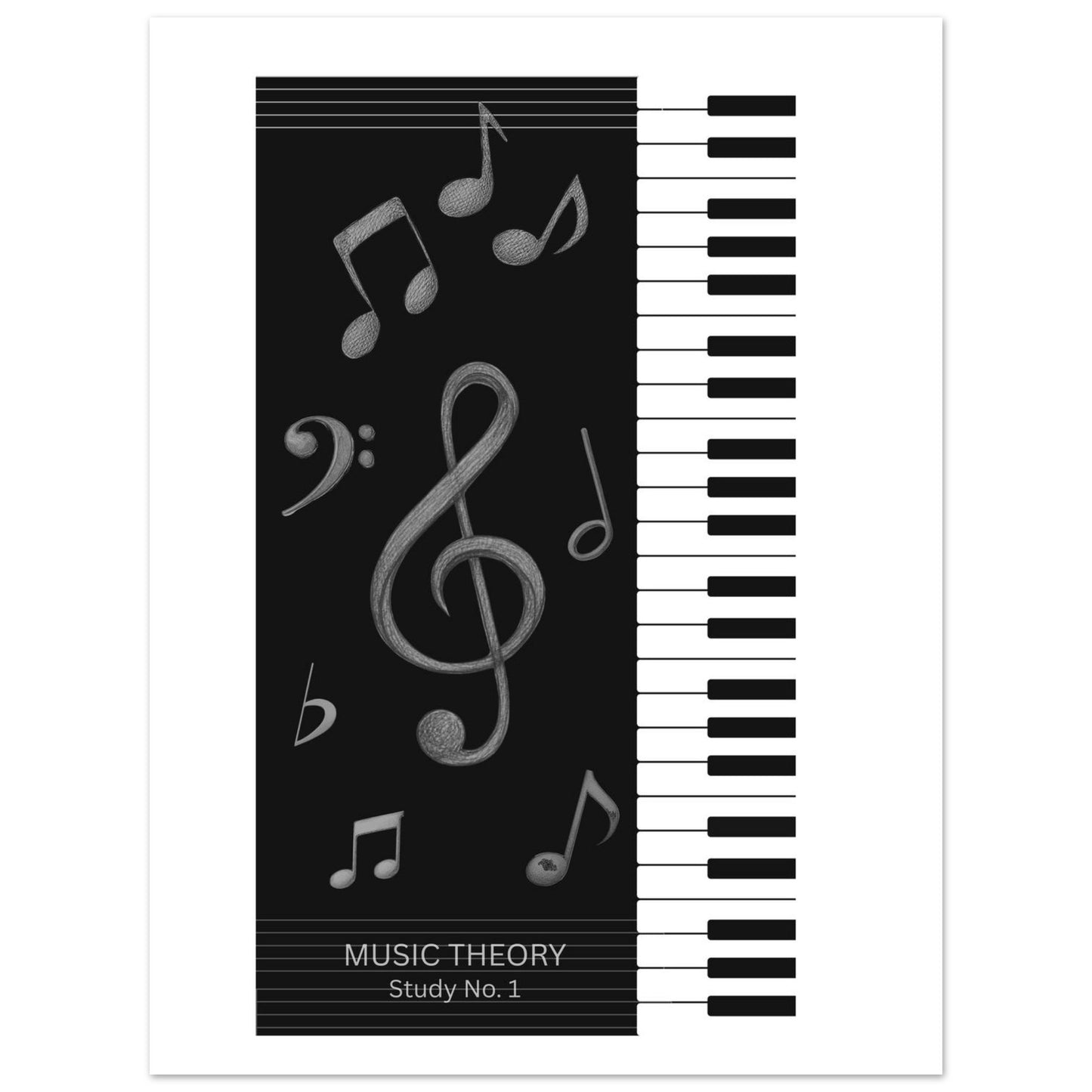 Music theory book with piano keyboard and musical notes on a black background
