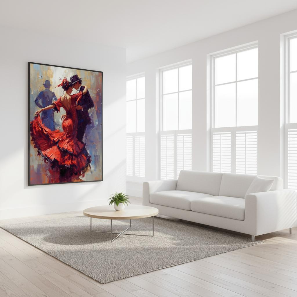 Modern living room with a white sofa, round coffee table, and a colorful painting of a couple dancing on the wall.