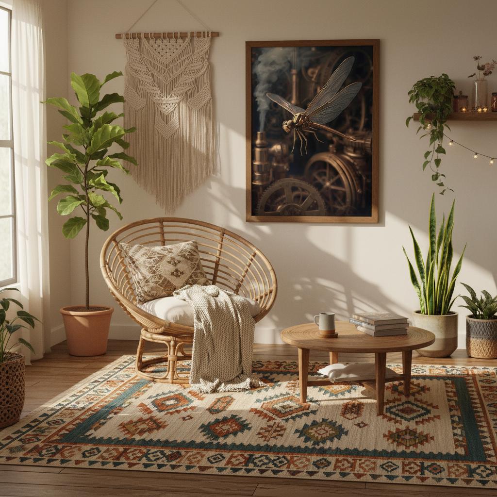 Cozy living room with wicker chair, wooden coffee table, and decorative wall art.