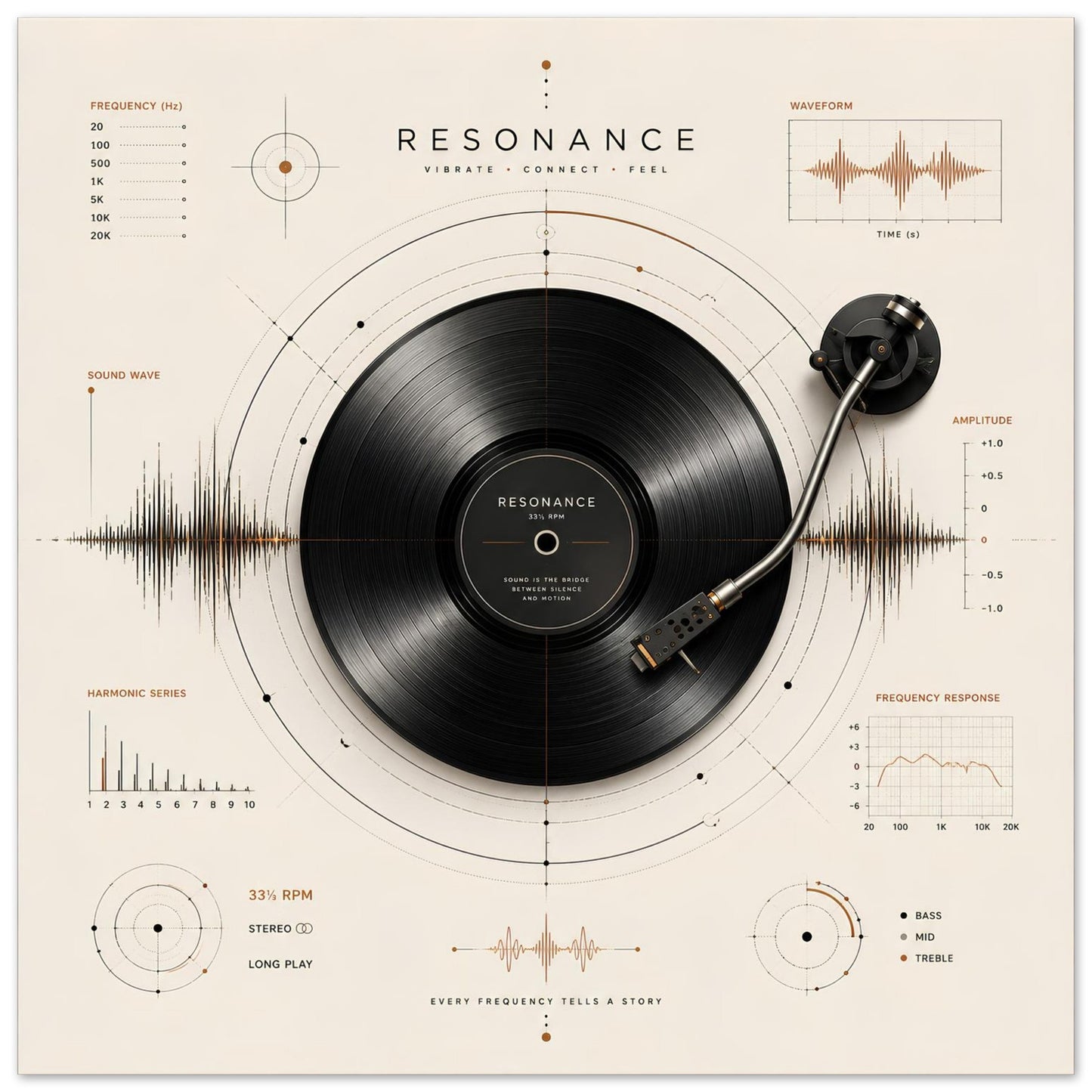 Close-up of the Resonance minimalist vinyl record poster featuring a tonearm, geometric construction lines and copper-accented sound diagrams.