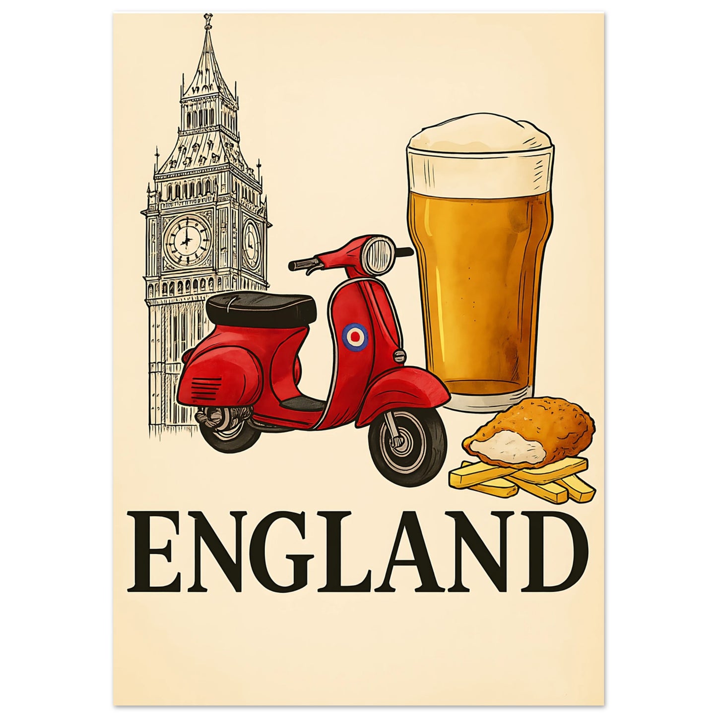 Classic England Poster - Vespa, Big Ben & Beer - British Retro Decor