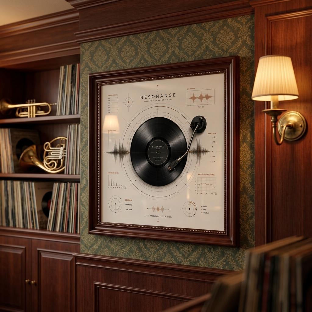 Resonance vinyl record wall art displayed in a vintage music room with musical instruments, records and vintage décor.