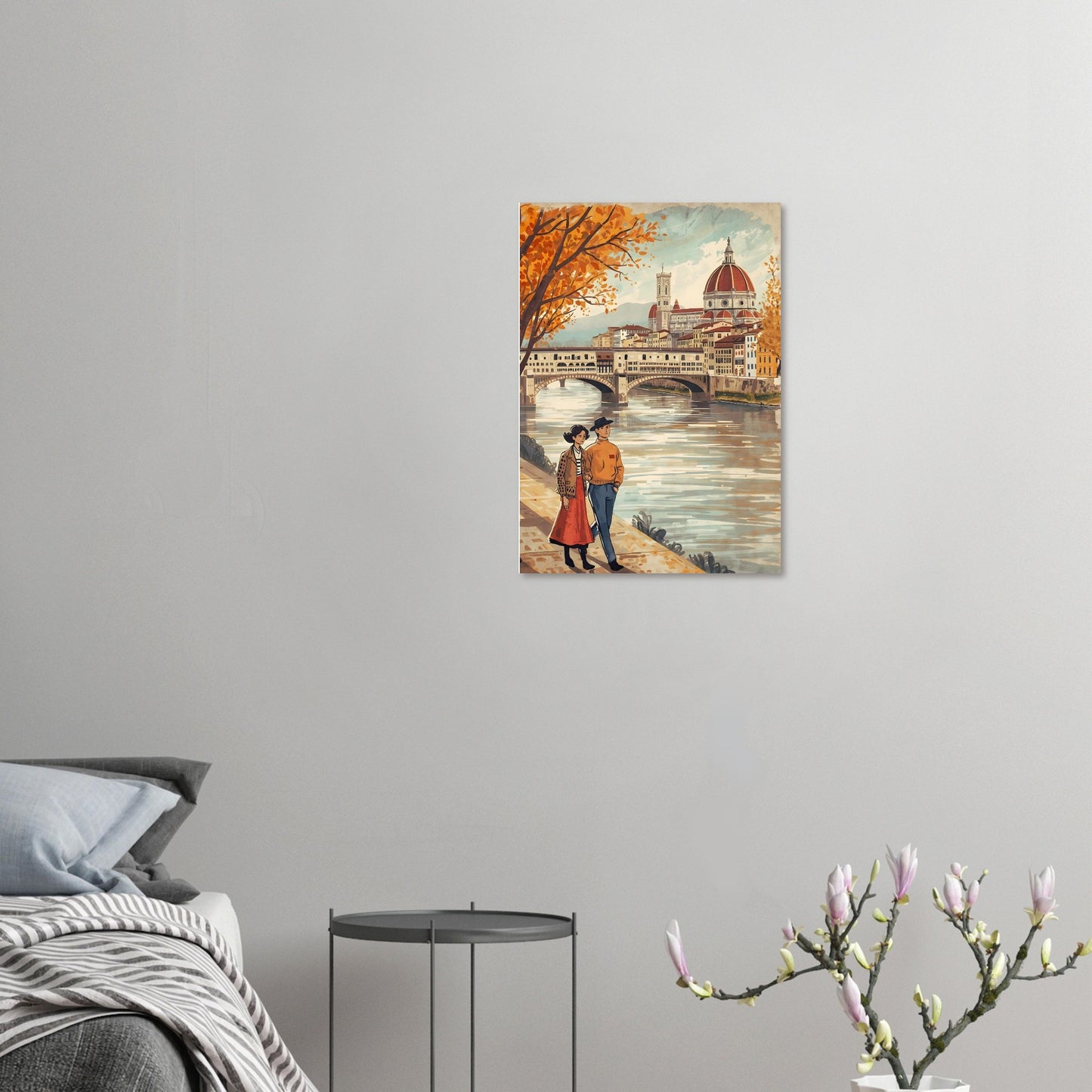 Florence folk art wall print featuring a couple walking beside the Arno River with the Duomo skyline in warm autumn tones