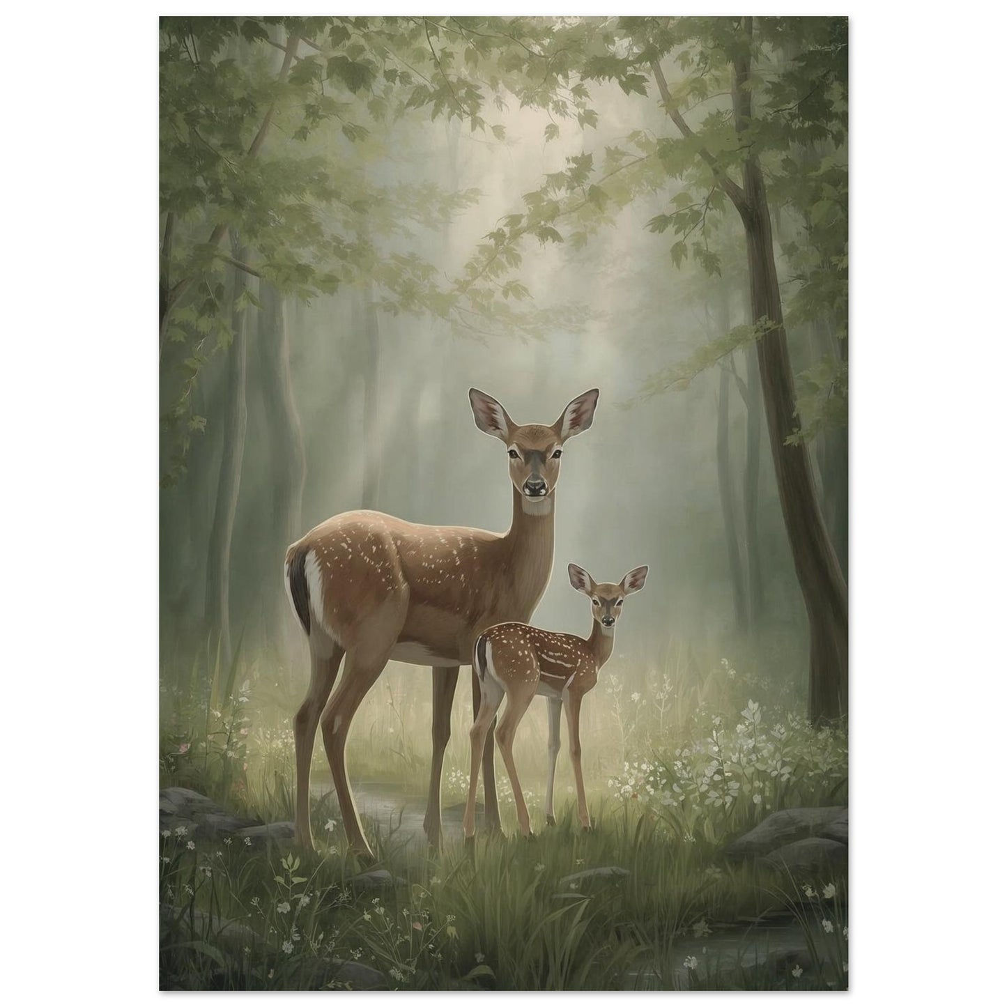 mother and fawn deer wall art poster in soft spring forest scene