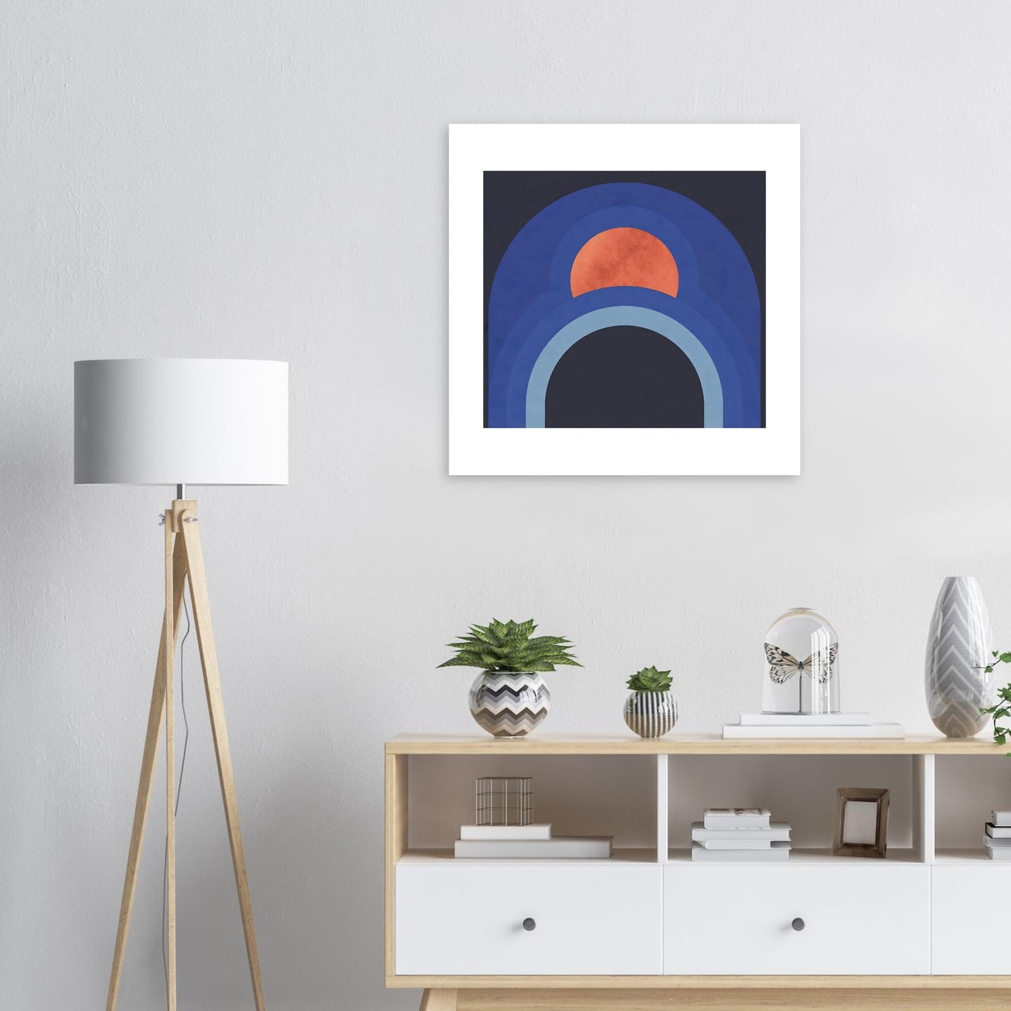 Square minimalist blue arch poster with warm terracotta sun detail