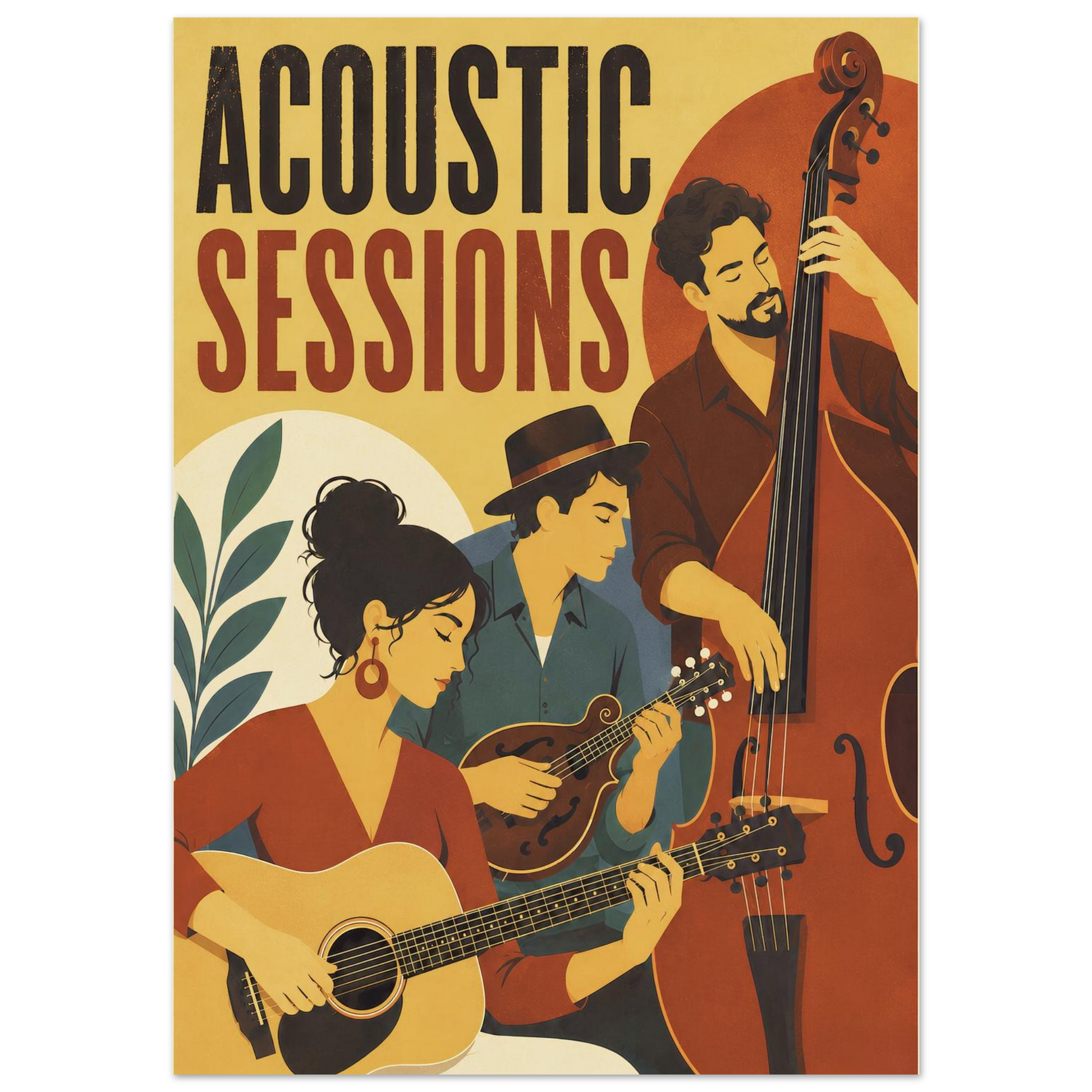 Close-up of the Acoustic Sessions wall art featuring three stylised musicians playing acoustic guitar, mandolin and upright double bass.