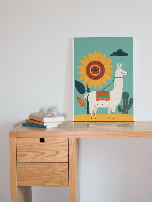 Modern folk art poster featuring a white llama and sunflower in boho style.