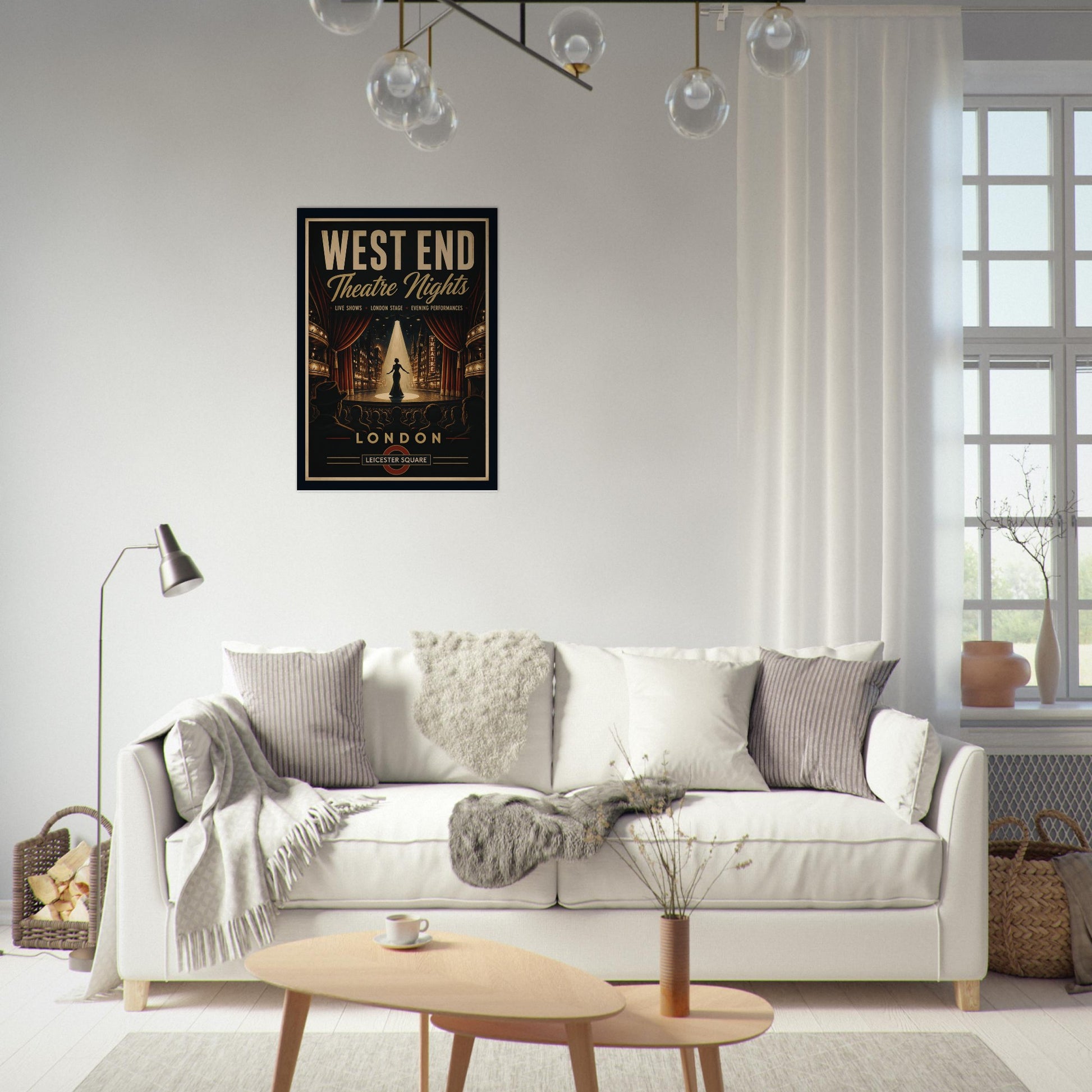 Living room with a white sofa, coffee table, and wall art of an Egyptian pharaoh.