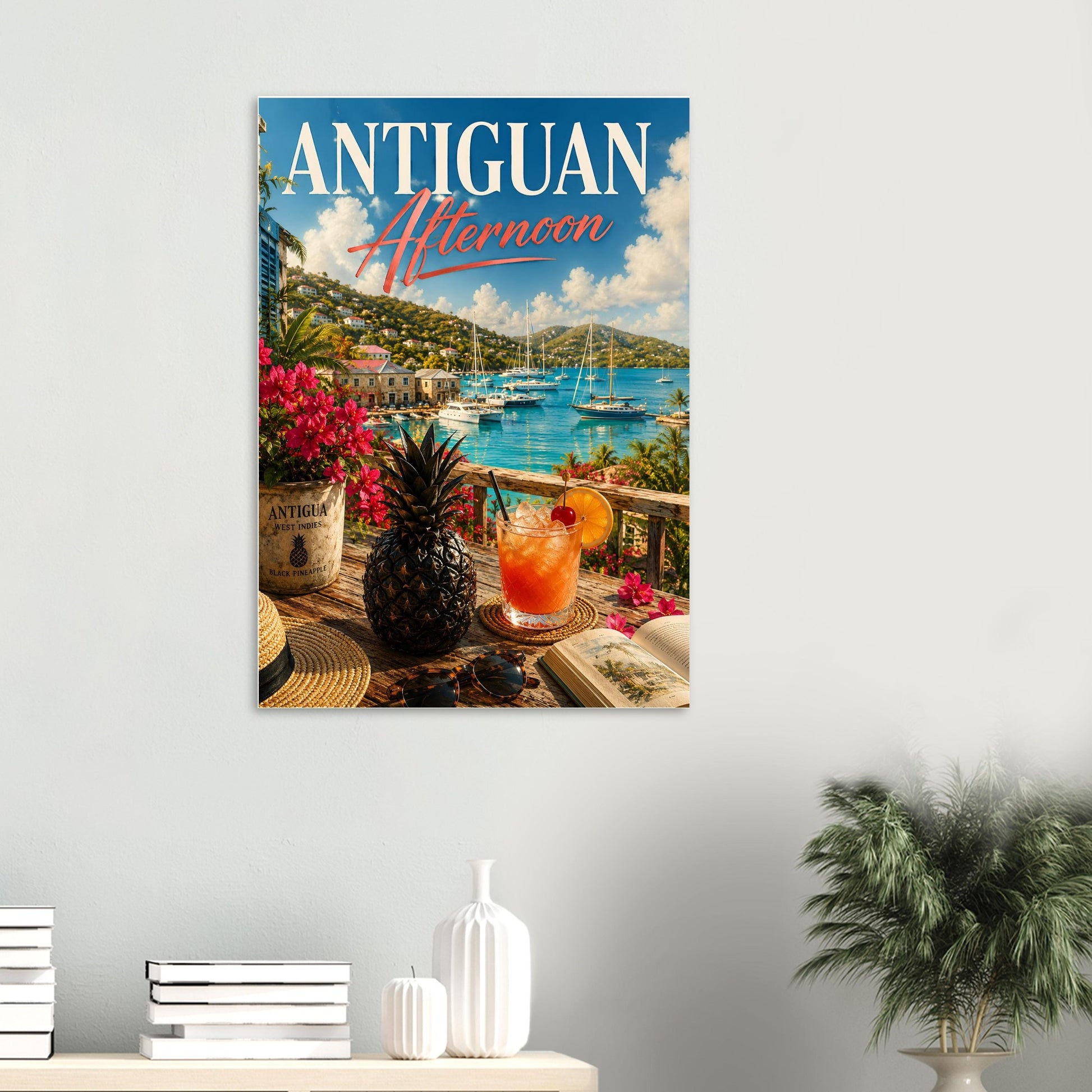 Poster of Antigua with a scenic view and cocktail on a shelf.