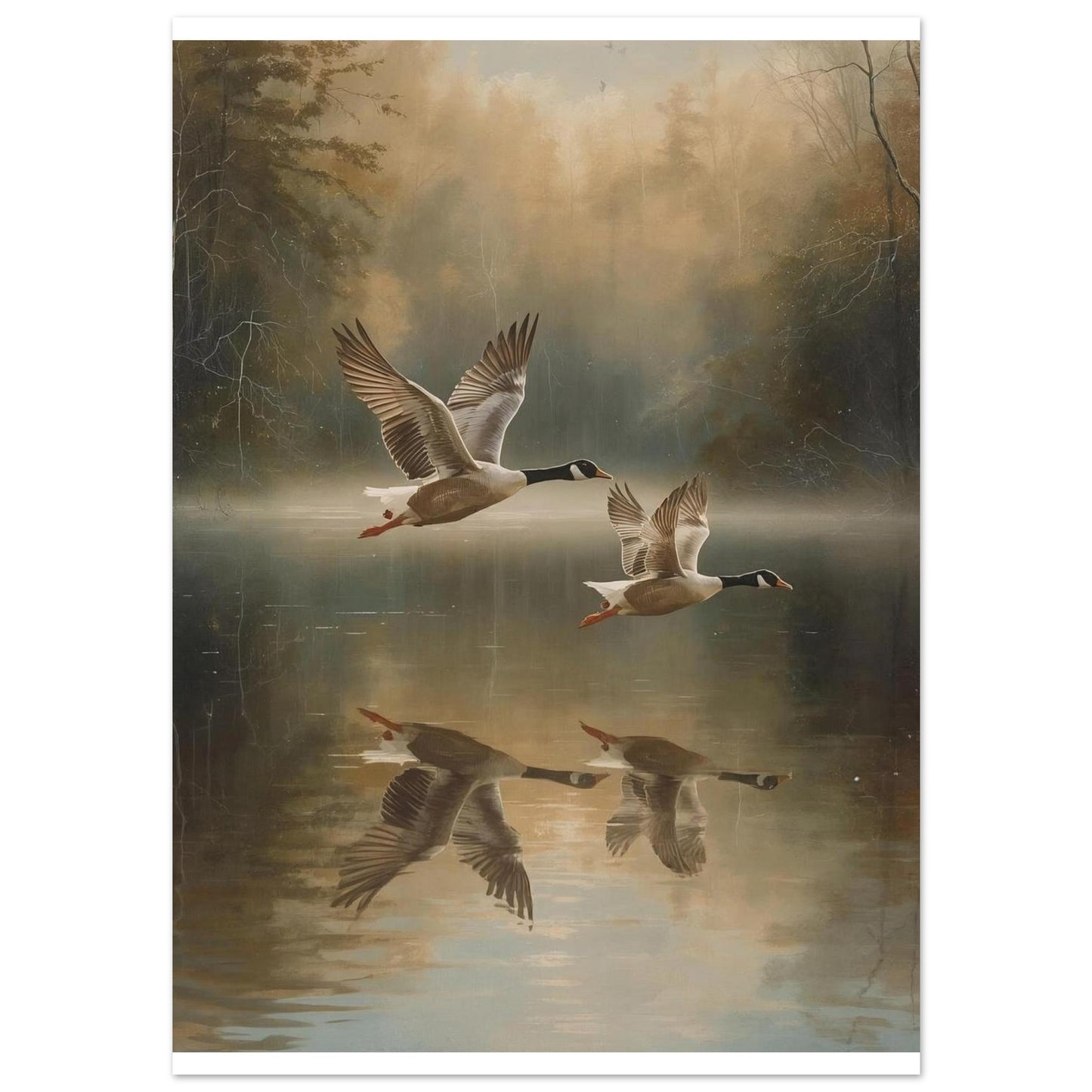 Poster of Two geese flying over a reflective lake with a misty forest background