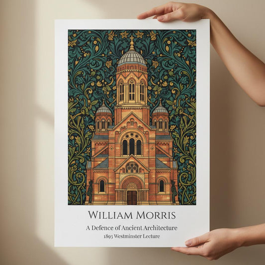 A William Morris style art print of Westminster Cathedral featuring a Neo-Byzantine architectural facade in gold and brick tones. The building is surrounded by an intricate, dense teal and dark green botanical pattern. The bottom features a clean white border with the text: William Morris, A Defence of Ancient Architecture, 1893 Westminster Lecture