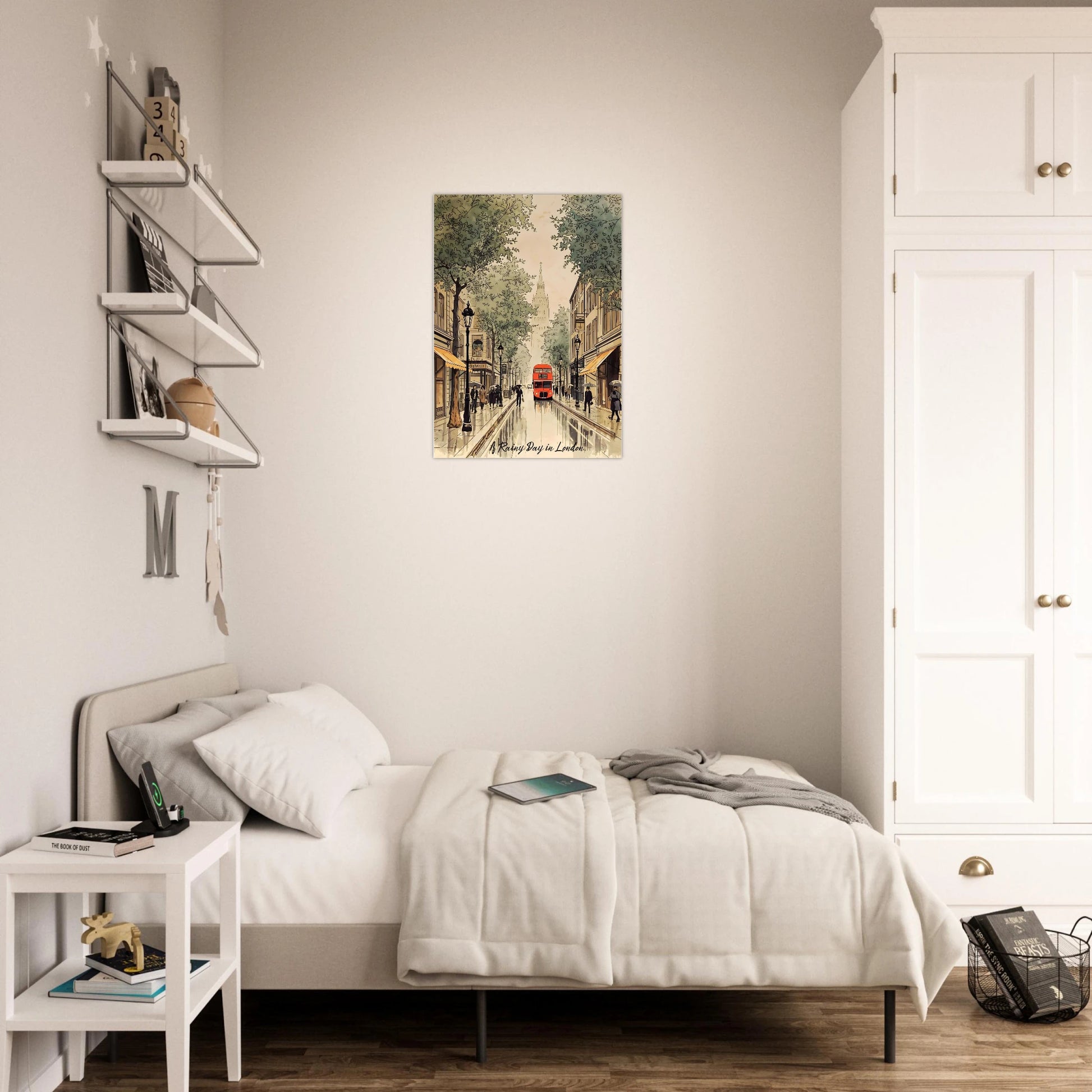 Neatly arranged bedroom with a bed, nightstand, and wall art.