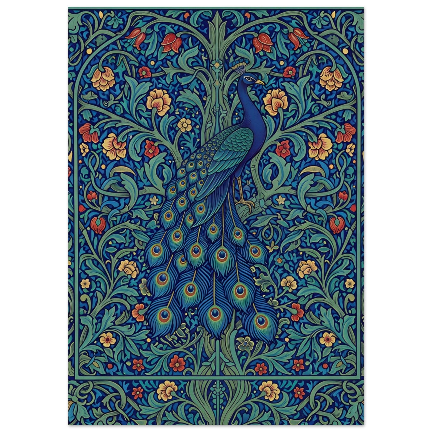The Enchanted Peacock art print featuring a blue and teal peacock surrounded by intricate jewel-toned flowers and foliage.