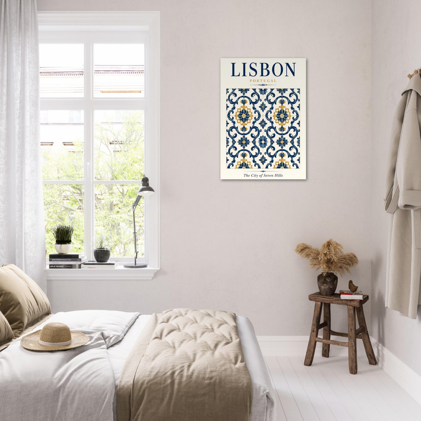 Lisbon Portugal travel poster displayed in a light neutral bedroom with soft furnishings and natural decor.