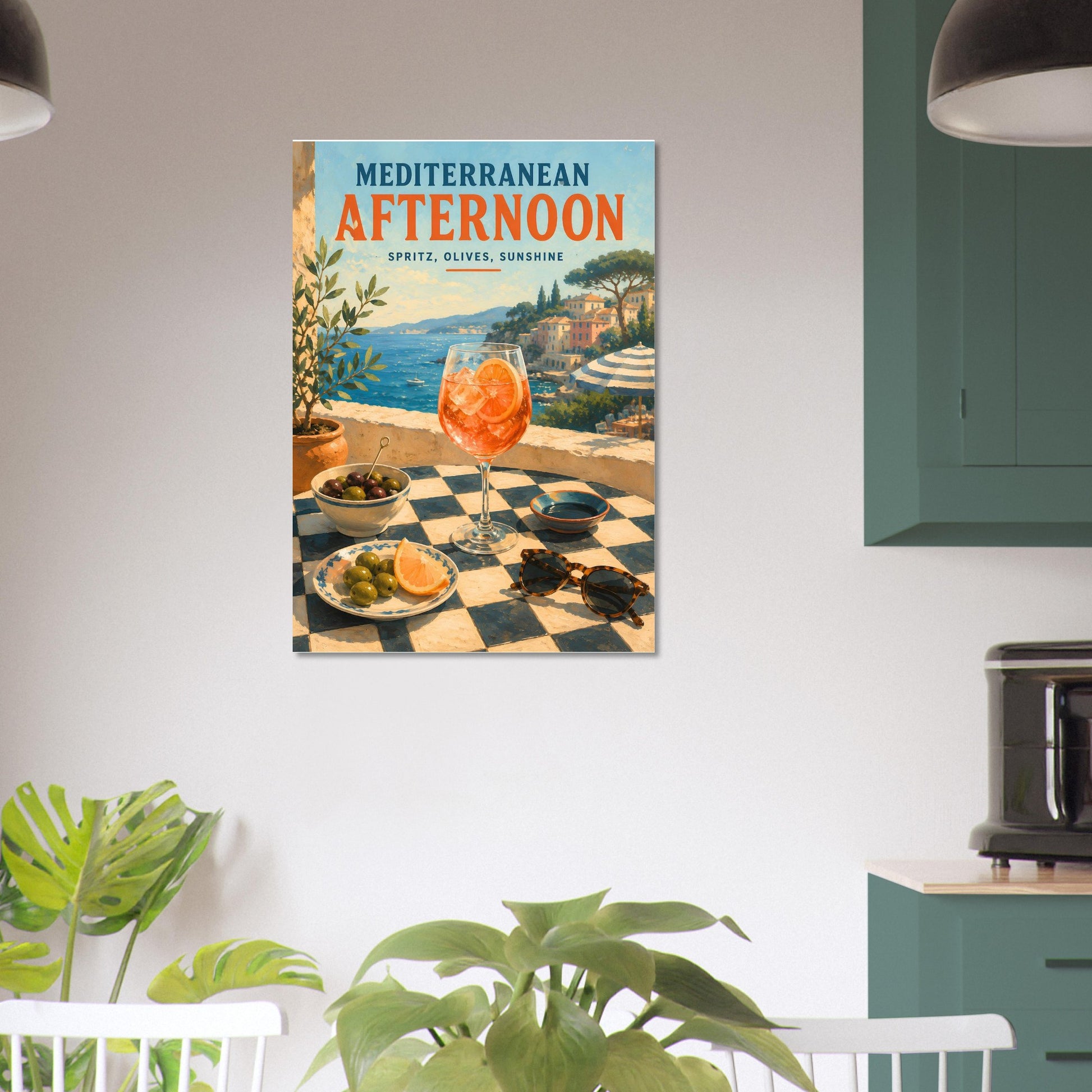 Mediterranean poster displayed above a kitchen counter in a contemporary coastal-inspired kitchen