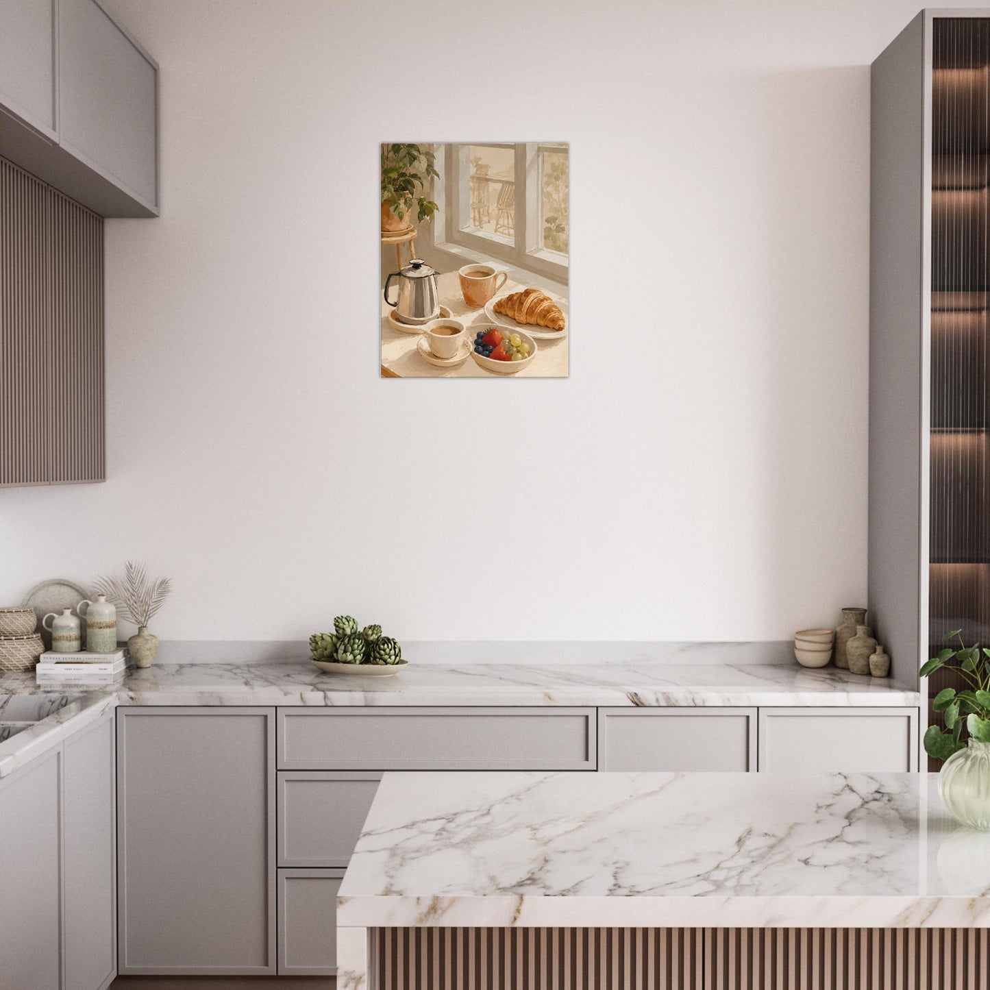 Modern kitchen with marble countertops and a Cosy breakfast wall art