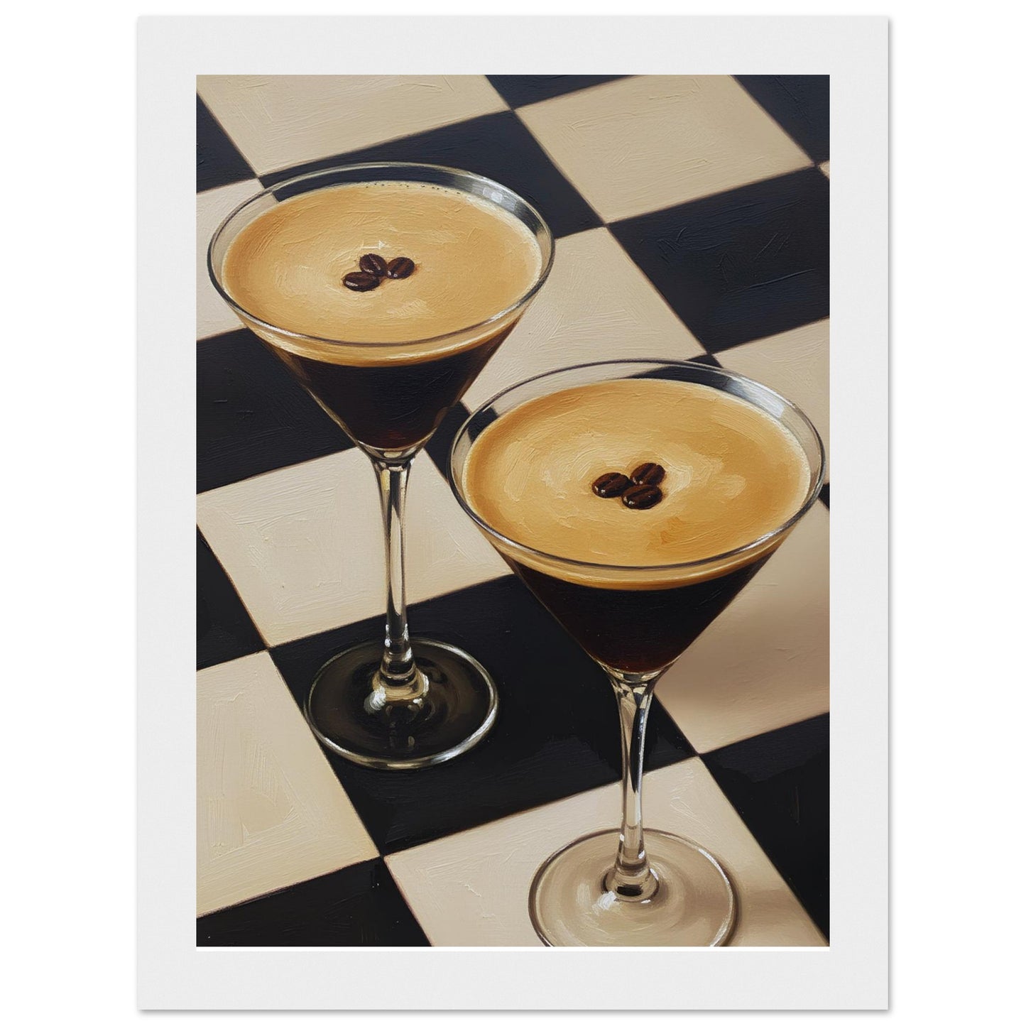 Framed Espresso Martini print featuring two classic cocktails with rich coffee tones and a geometric checkerboard pattern.