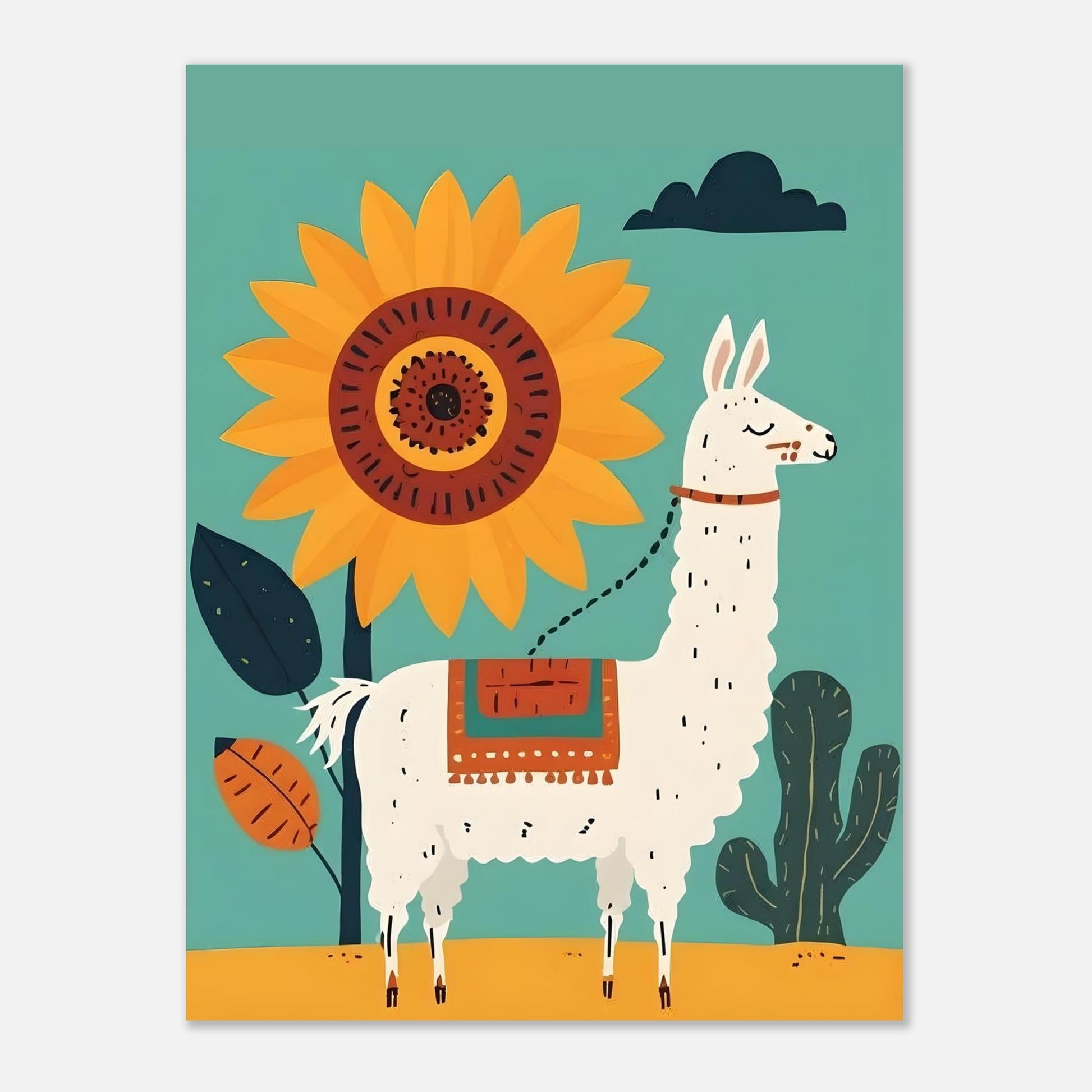 Illustration of a llama and sunflower on a teal background
