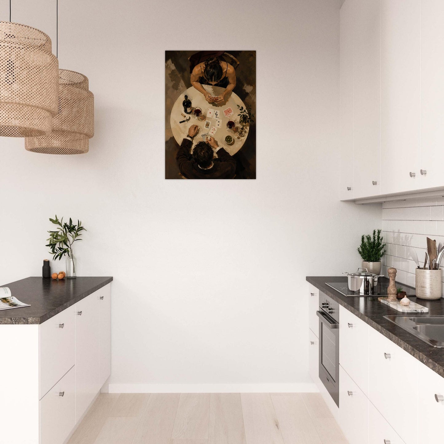 Framed After Dinner couple art print styled in a bright modern kitchen interior.