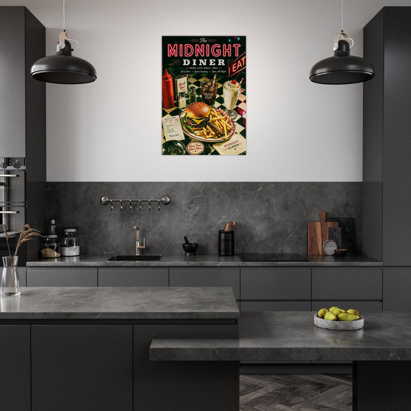 Modern kitchen with a 'Midnight Diner' poster on the wall