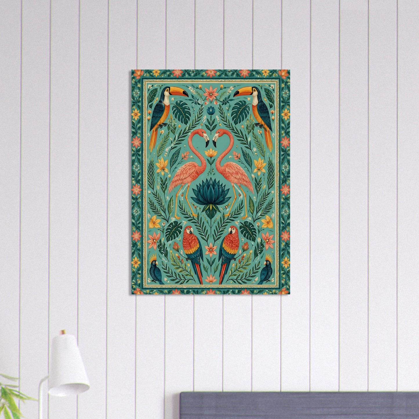 Flamingo heart wall art print styled in minimalist room with white panelled wall and soft natural light