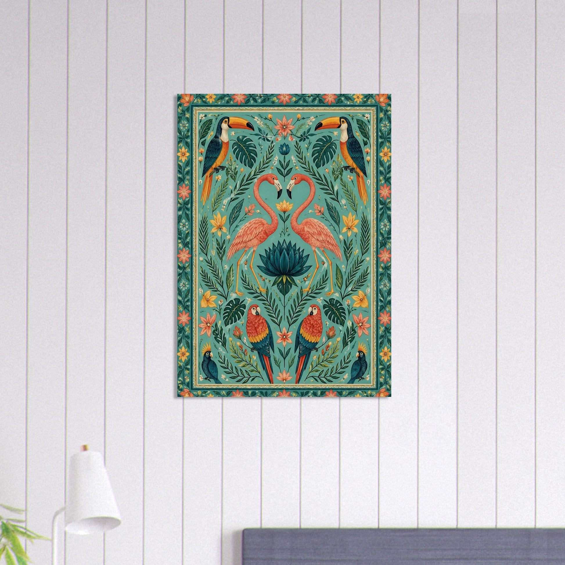 Flamingo heart wall art print styled in minimalist room with white panelled wall and soft natural light