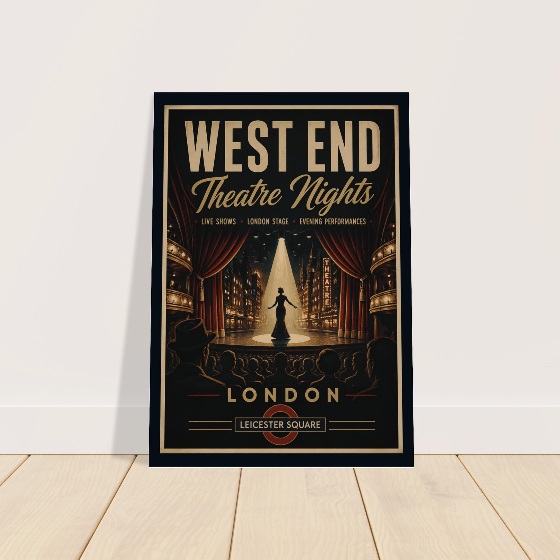 Poster for West End Theatre Nights in London on a white wall.