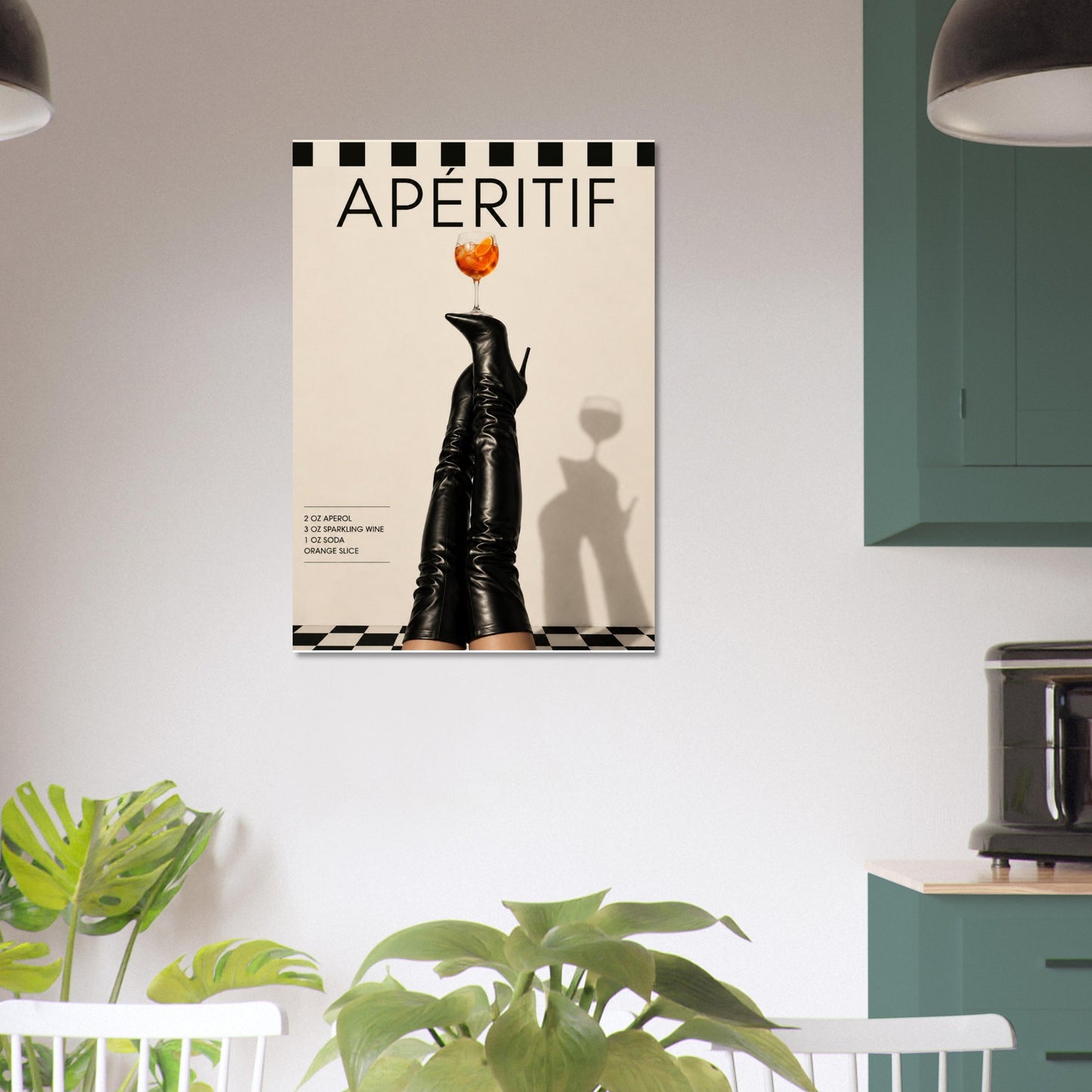 Editorial boots wall art hanging in modern kitchen with contemporary apartment styling