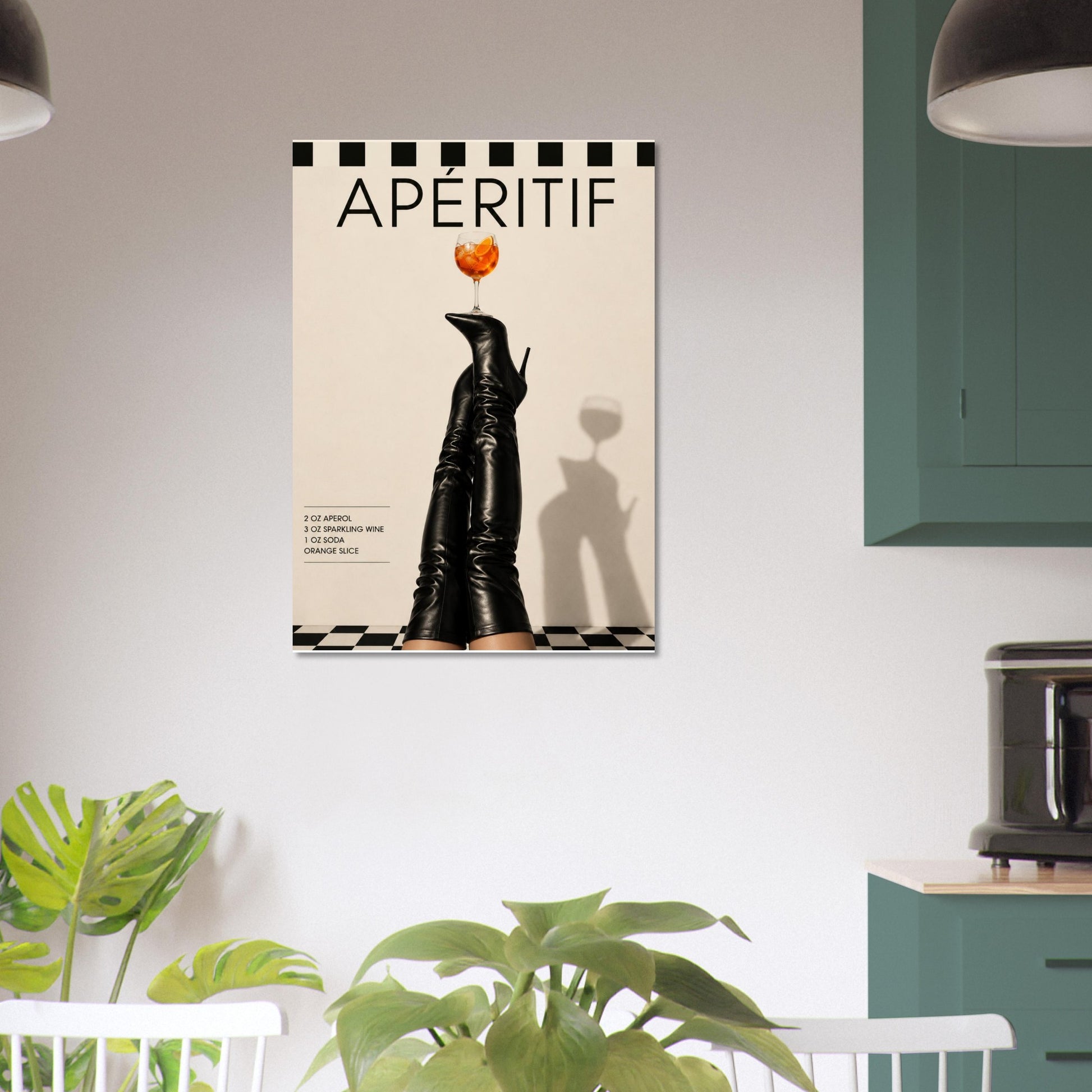 Editorial boots wall art hanging in modern kitchen with contemporary apartment styling