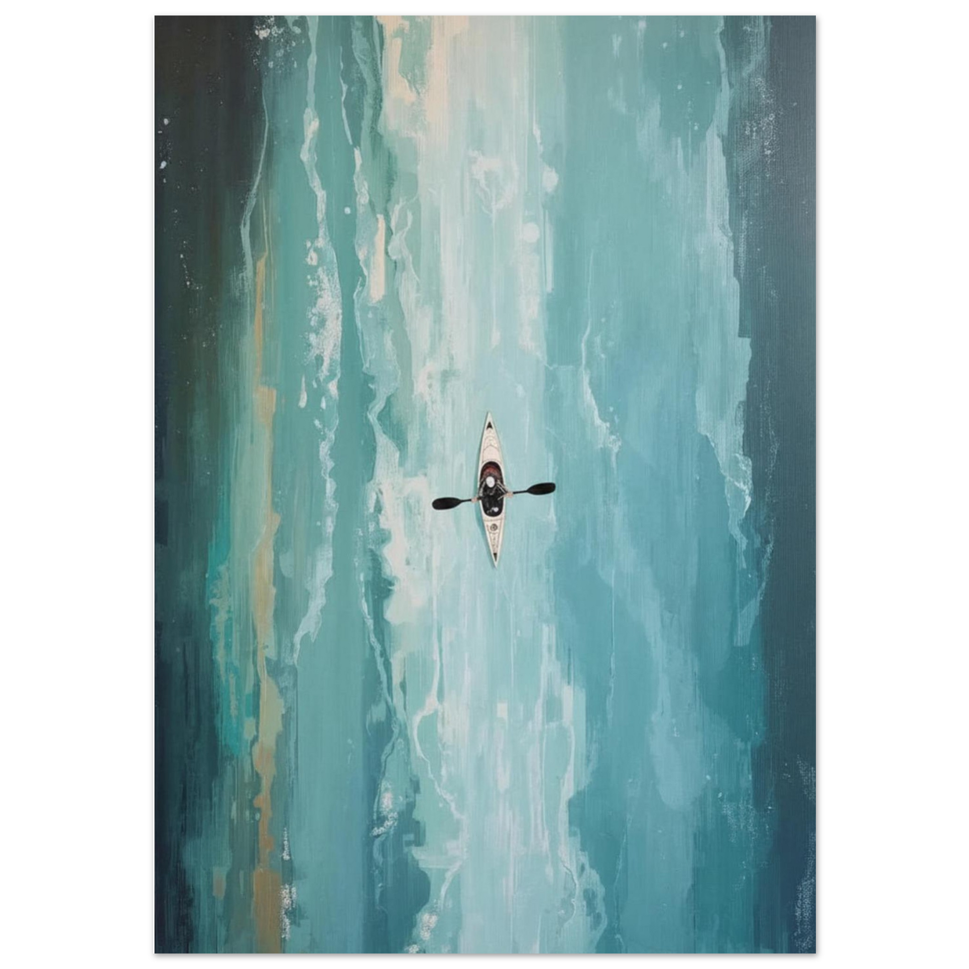Kayaker Poster in the middle of a river with a colorful, abstract background