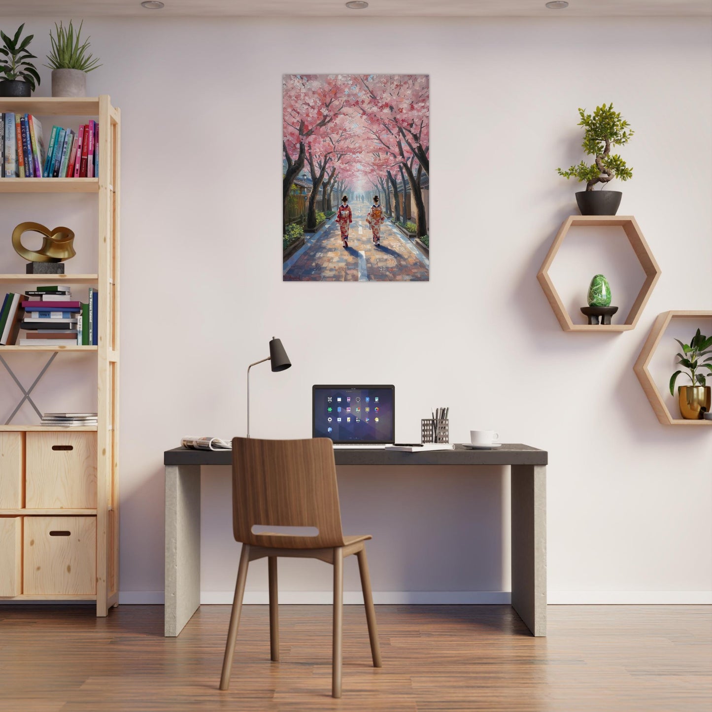 Modern home office with a desk, chair, and wall art of a Cherry blossom poster poster