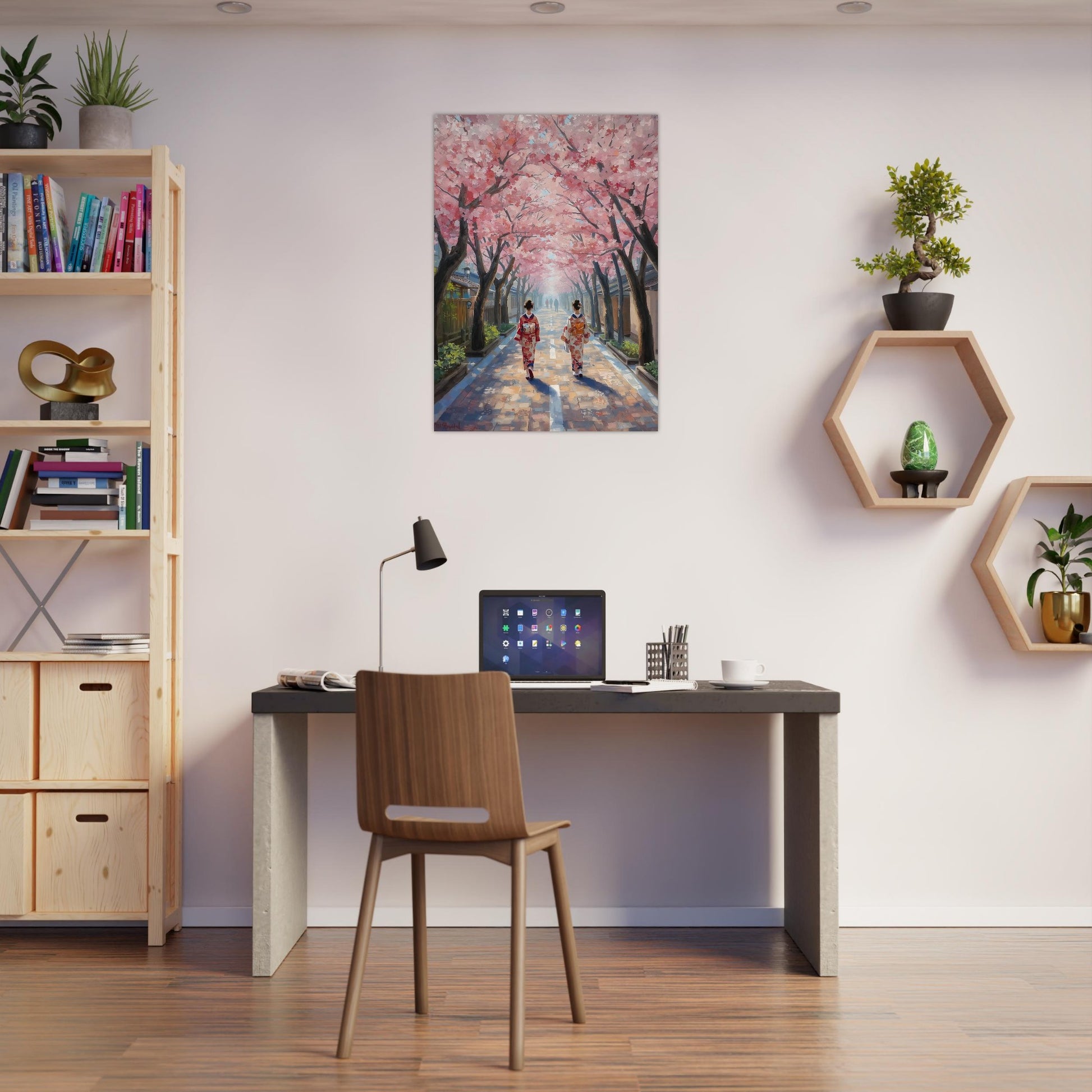 Modern home office with a desk, chair, and wall art of a Cherry blossom poster poster