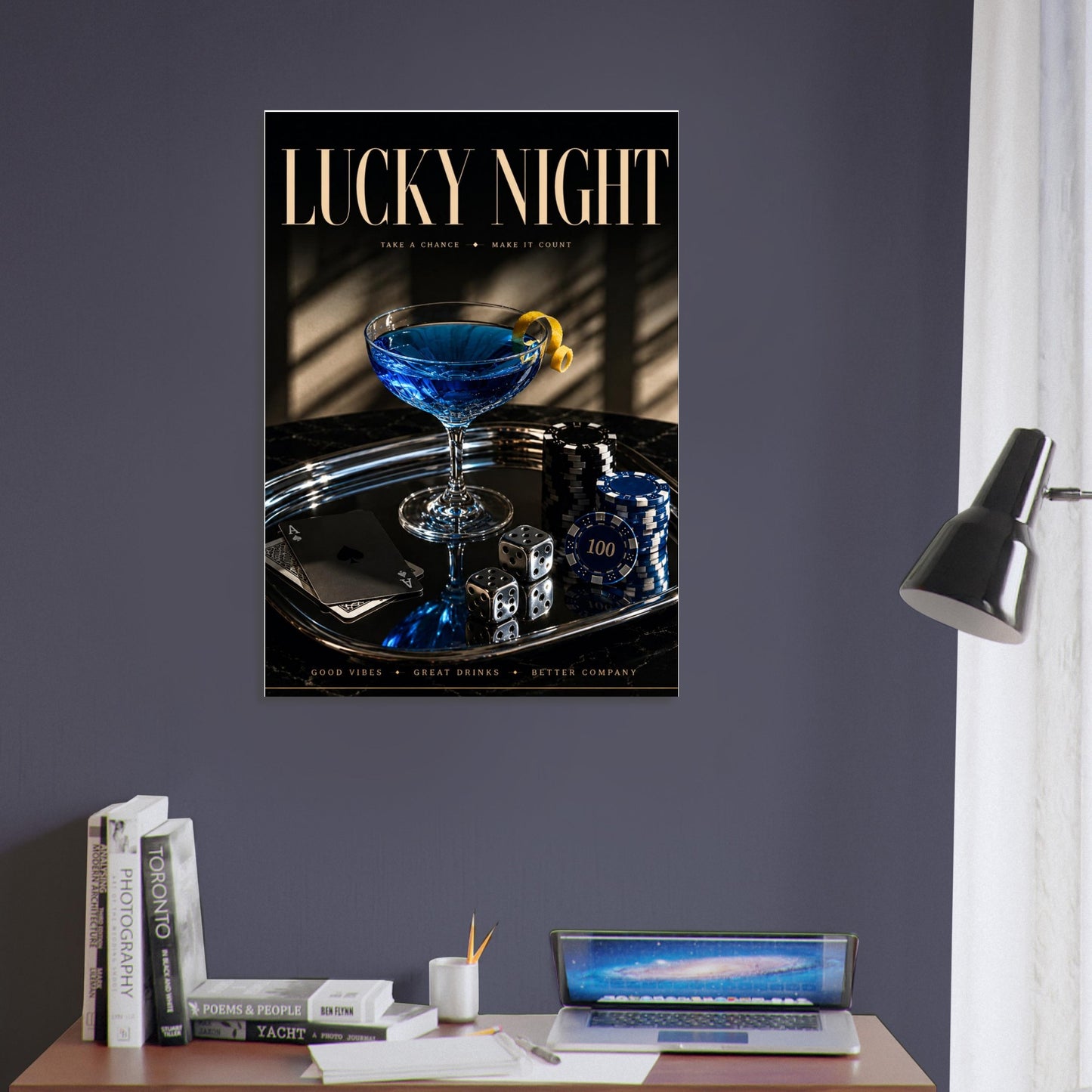 LUCKY NIGHT casino-inspired blue cocktail poster styled in sophisticated contemporary office interior