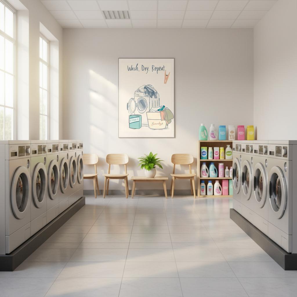 Laundry room with washing machines, chairs, and a decorative poster on the wall.