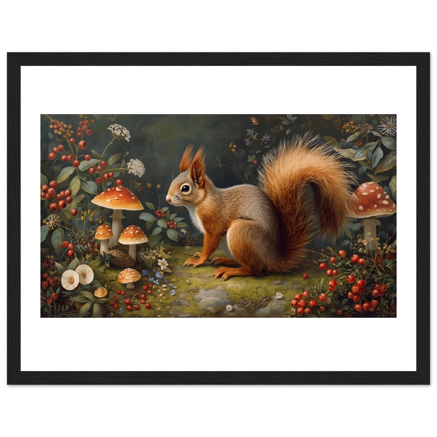 Woodland squirrel art print in a black frame on a plain surface