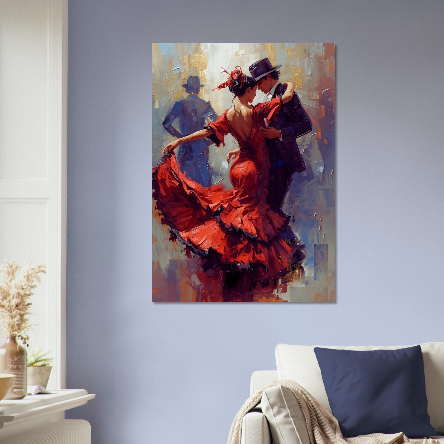 Painting of a couple dancing in a living room setting with a sofa and decorative items.