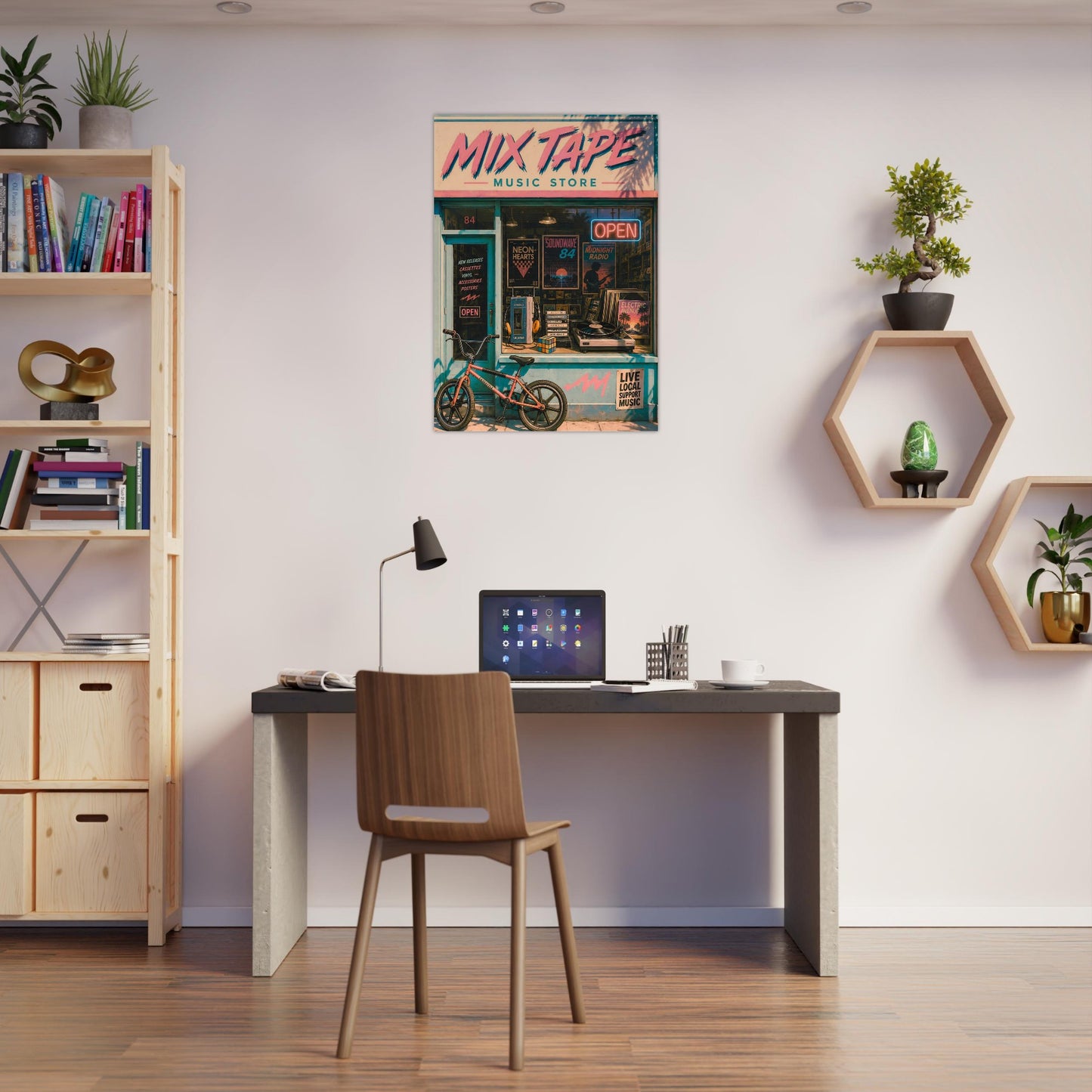 Modern home office with a desk, chair, and framed poster on the wall.