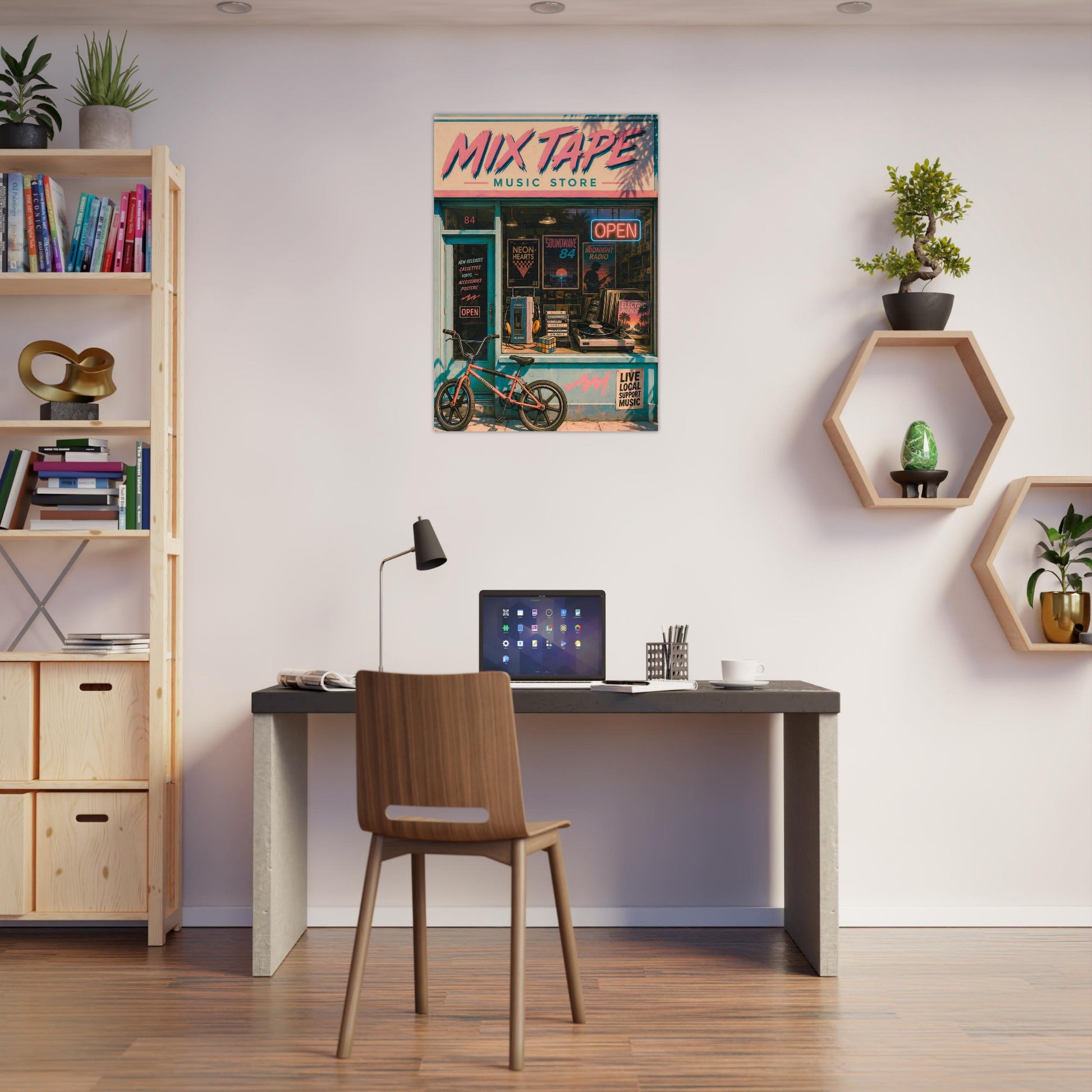 Modern home office with a desk, chair, and framed poster on the wall.