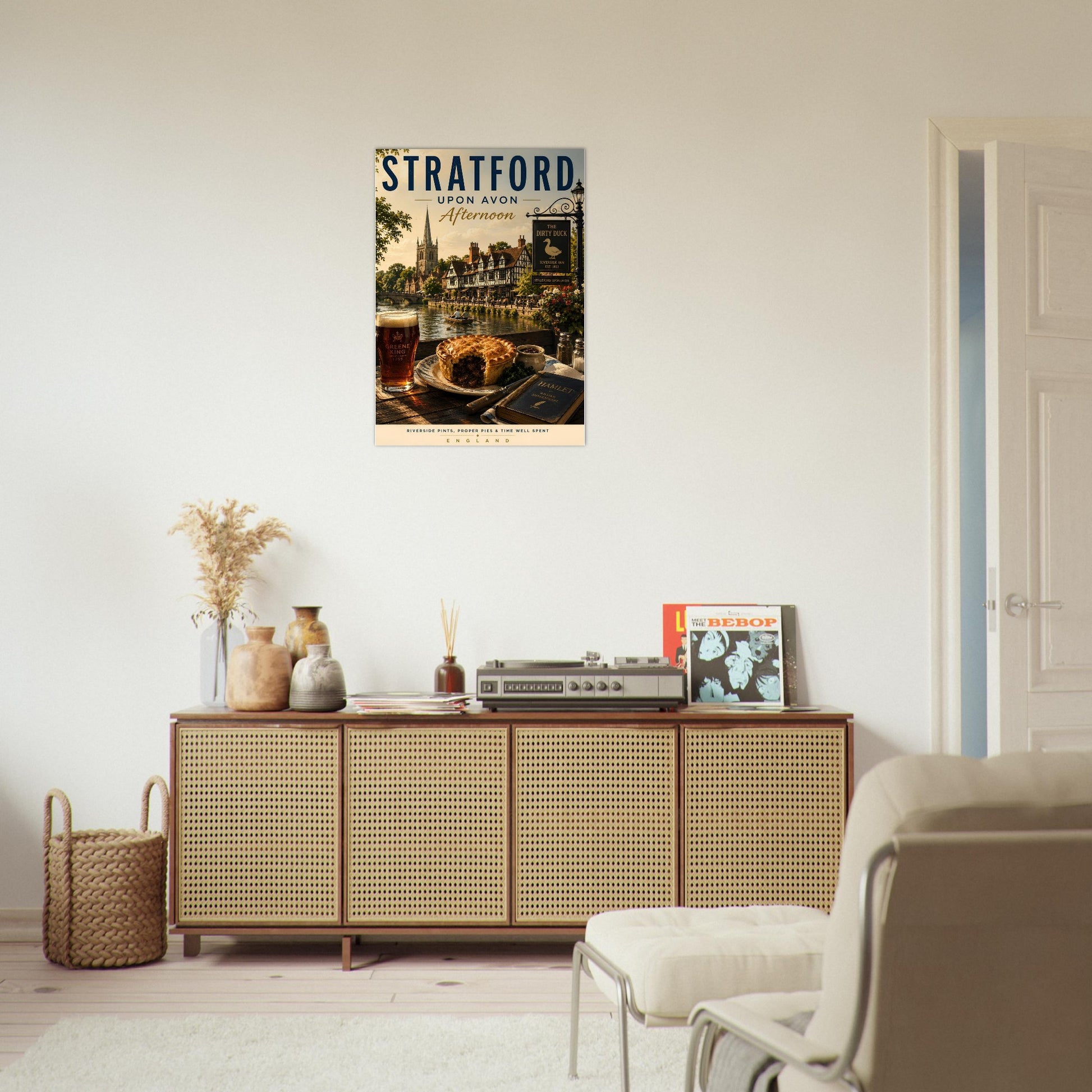 Stratford-upon-Avon Afternoon wall art displayed above a sideboard in a modern living room, celebrating Shakespeare's historic hometown.