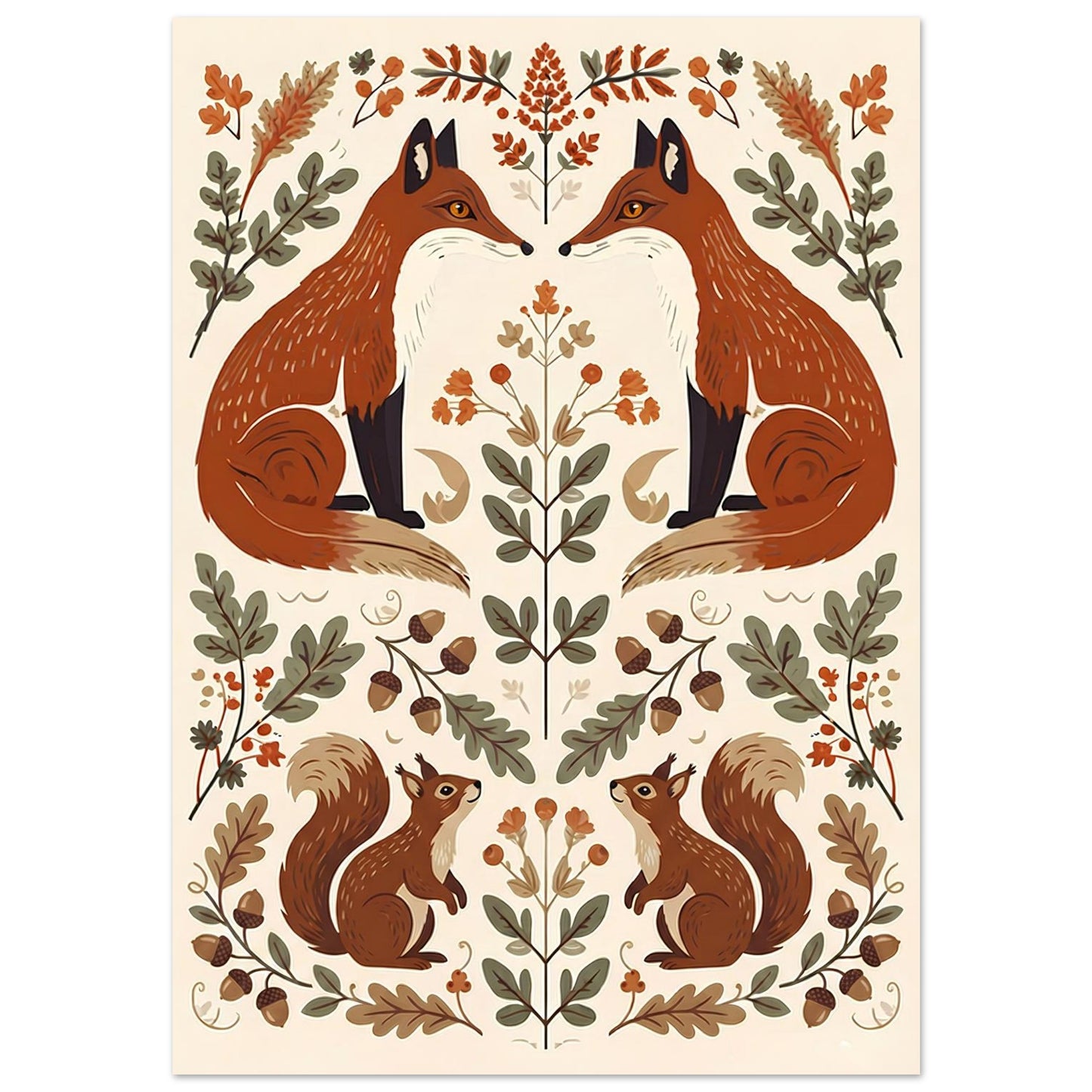 Close-up of Foxes & Ferns woodland wall art featuring red foxes, acorns, ferns and decorative folk art elements.