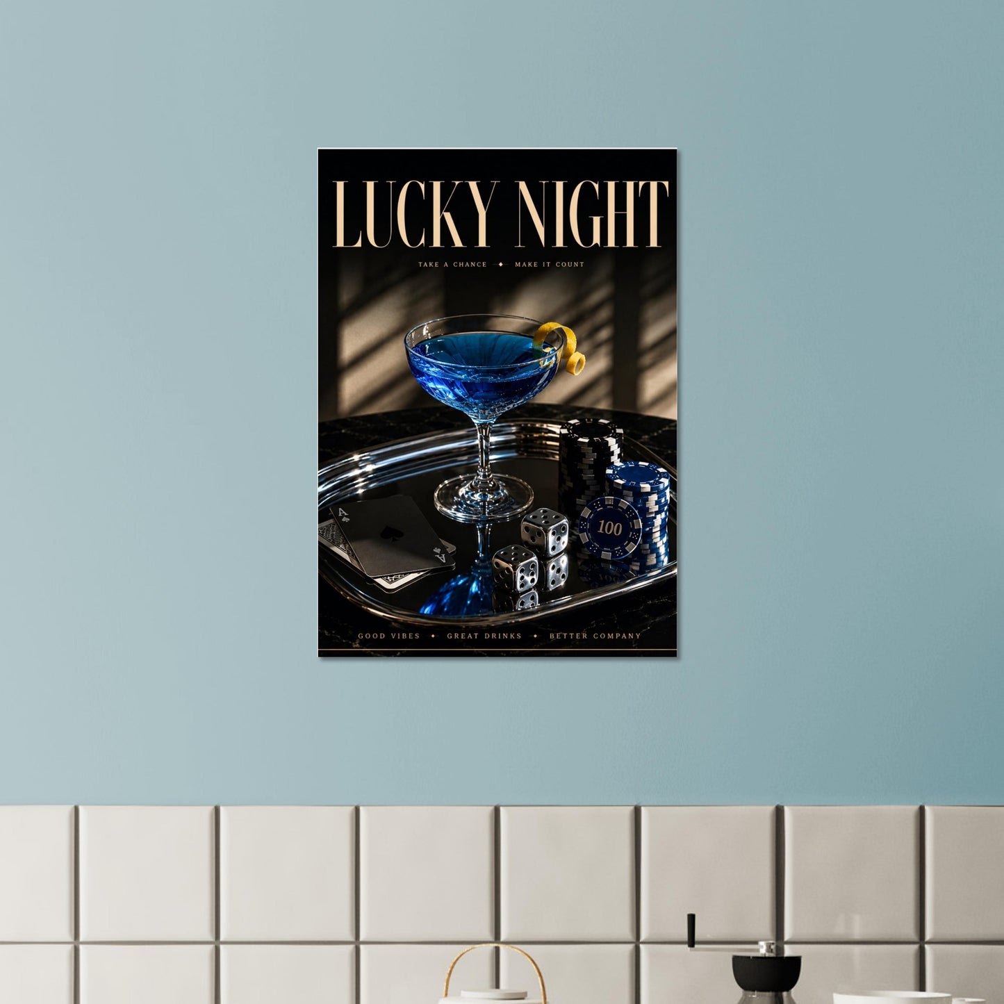 LUCKY NIGHT editorial cocktail poster displayed against soft blue contemporary wall styling