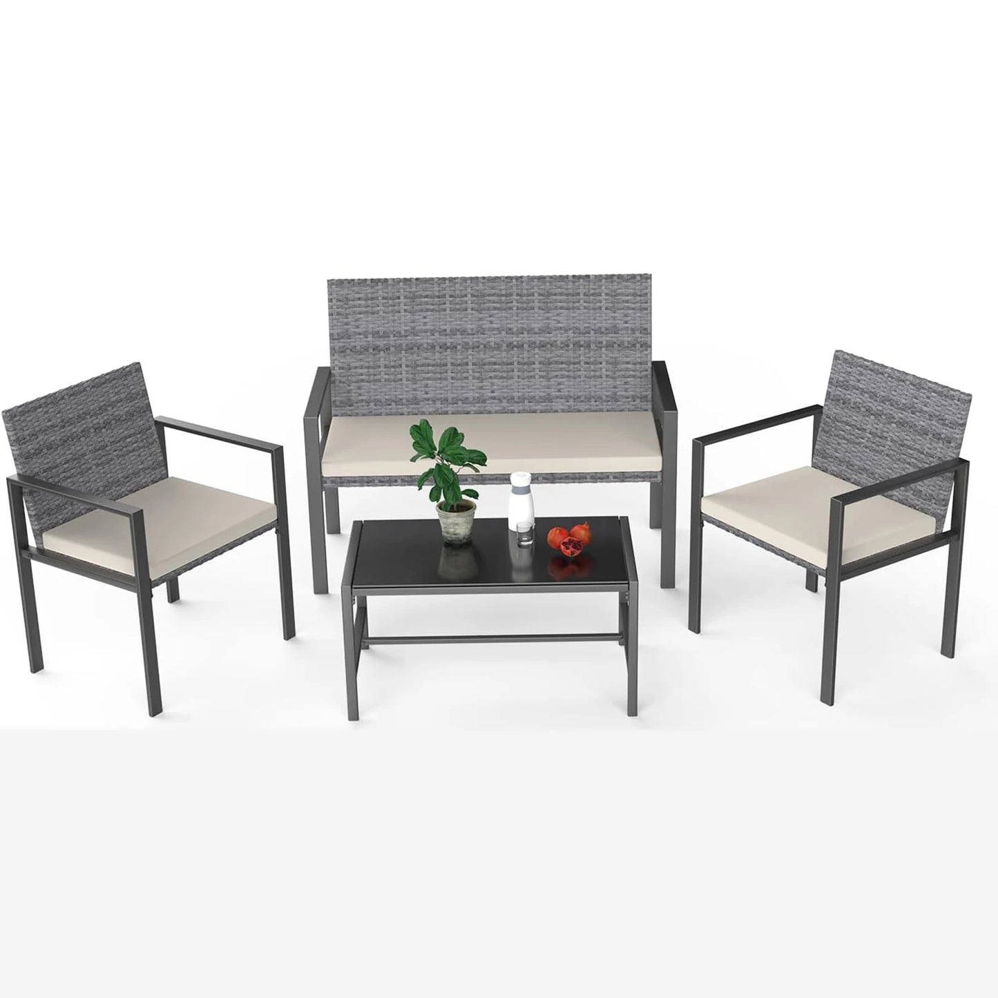 Garden Furniture Set Outdoor Corner Sofa Couch 4Pcs Handwoven Rattan Patio Conversation Set, Cushions and Glass Table