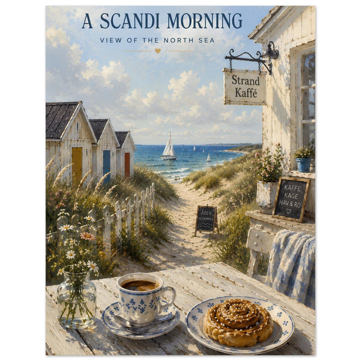 Nordic coastal wall art featuring sandy dunes, sailing boats and a seaside café in painterly style