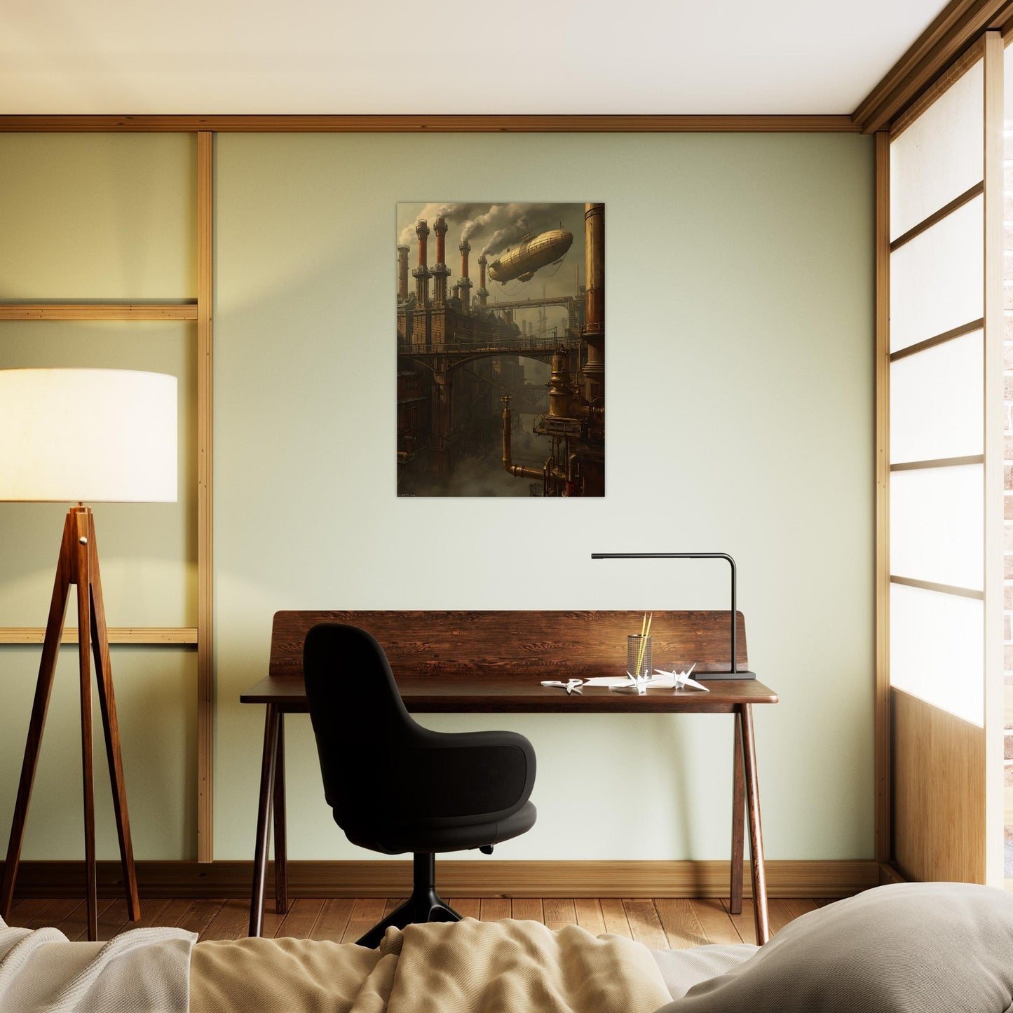 Modern bedroom with wooden desk, black chair, and wall art of industrial scene.