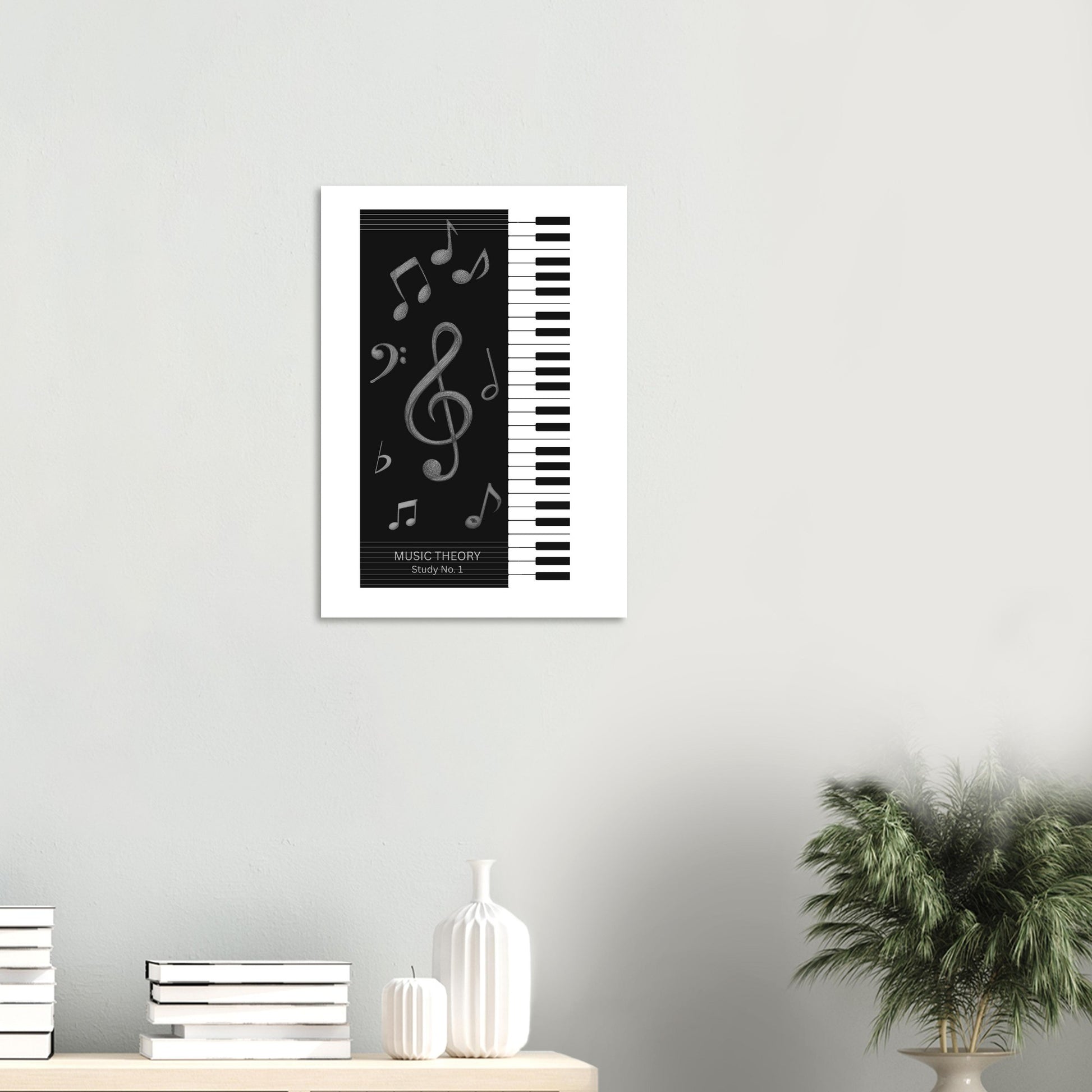 Framed poster with music theory design on a wall above a table with decorative items.
