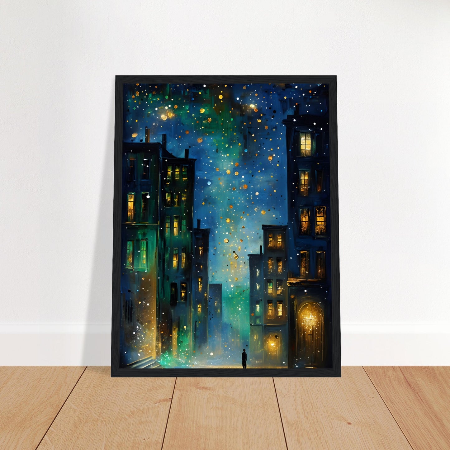 Framed surreal urban night scene poster with glowing city reflections, displayed in a black frame with moody tones and modern lighting.